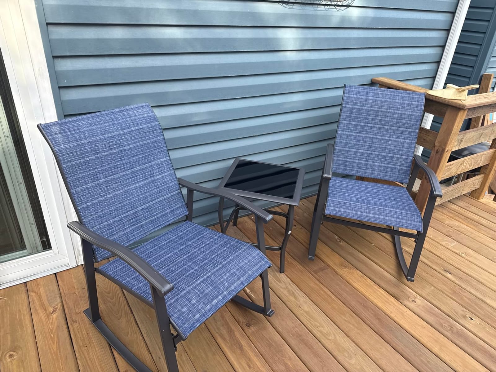 Shintenchi Rocking Chair Outdoor with Table, 3 Piece Rocking Patio Bistro Set, Outdoor Furniture Set with Metal Frame and Textilene Fabric for Small Space, Brown customer photo 1