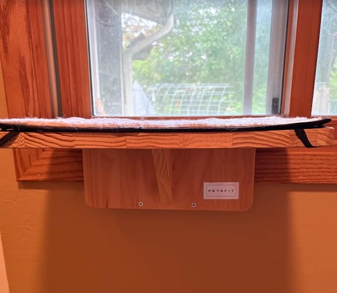 PETSFIT Cat Window Perch for 2 Cats, Adjustable, Solid Wood, Removable Mat | Natural Wood Cat Hammock, Tool-Free Assembly, Fits Large Cats, Windowsill Bedside Drawer Use, Washable Cushion Included customer photo 2