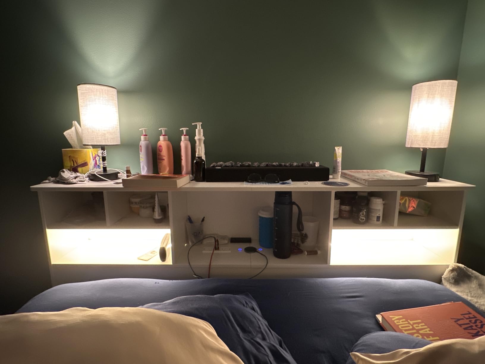 King Size Headboard only for Bedroom, Stylish King Bookcase Headboard with Built-in Charging Station & 2 LED Lights, Noise-Free Wood HeadBoard with Storage, Bookshelf Headboards Black customer photo 1