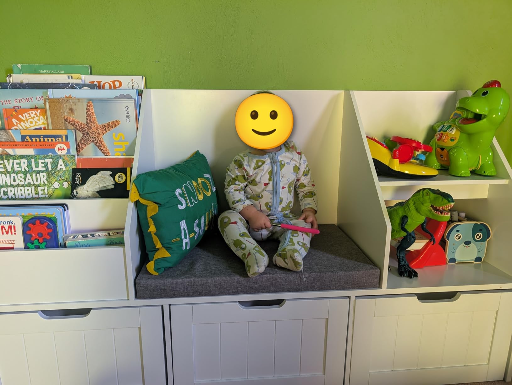 FOTOSOK Kids Bookshelf with Reading Nook, Toy Storage with Seat Cushion | 55.1'' Toy Storage Organizer with 3 Movable Drawers, Kids Reading Nook with Bench for Playroom, Bedroom, White customer photo 1