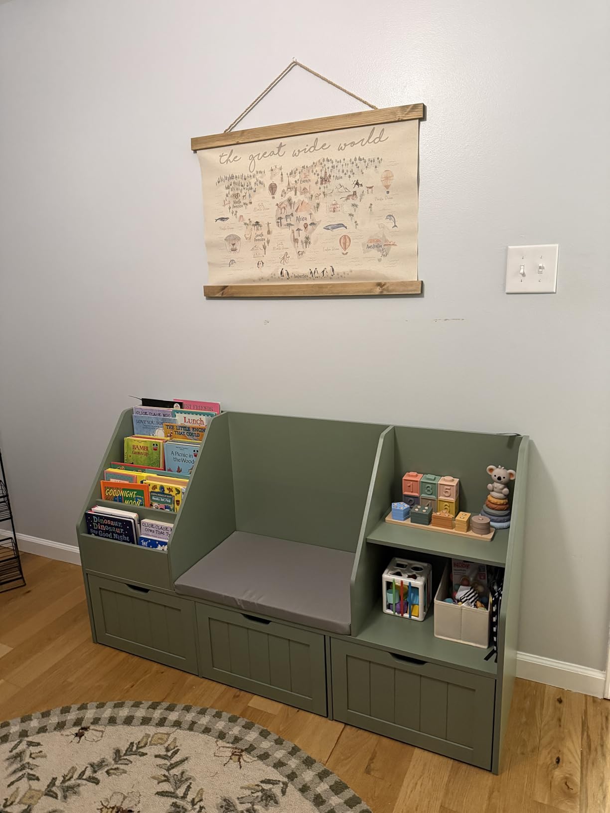 FOTOSOK Kids Bookshelf with Reading Nook, Toy Storage with Seat Cushion | 55.1'' Toy Storage Organizer with 3 Movable Drawers, Kids Reading Nook with Bench for Playroom, Bedroom, White customer photo 2