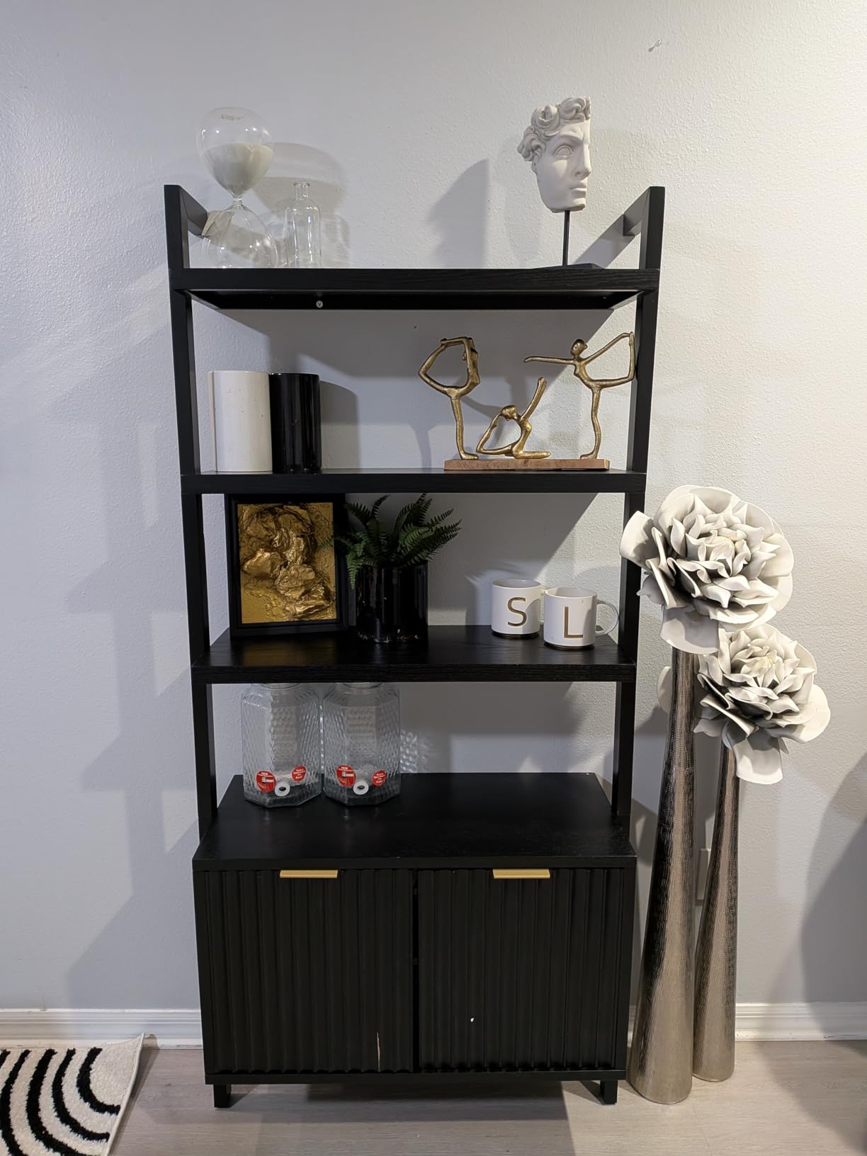 Nathan James Jasper 3-Shelf Solid Wood Boho Bookshelf, Wall Mounted Bookshelf with Cabinet with Fluted Doors, Black Oak customer photo 1