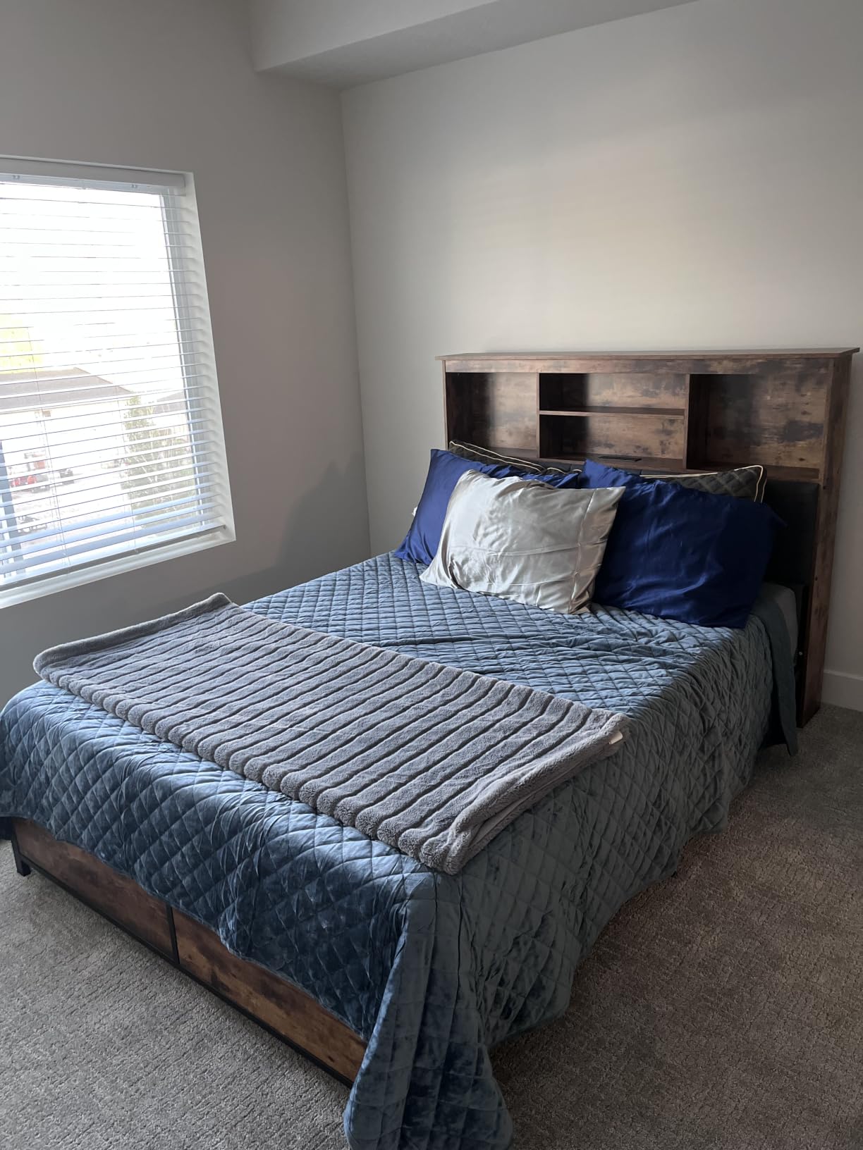 HISOFT Queen Bed Frame with Storage Headboard, Wooden Bed with High Storage Bookcase, Ship in 2 Boxes, 4 Drawers & LED & Charging Station, No Box Spring Needed/Noise Free/All-Metal Support, Rustic Grey customer photo 1