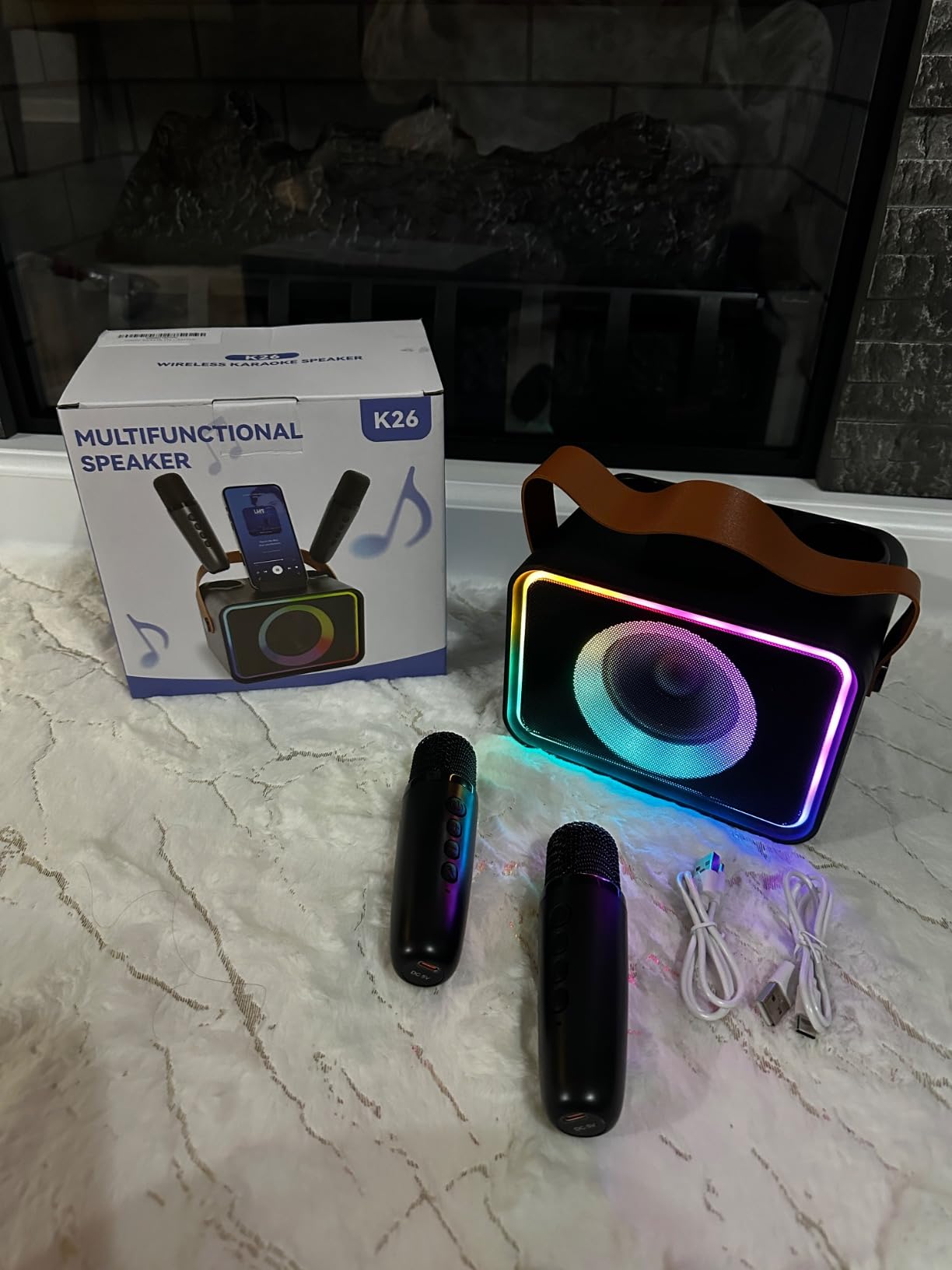 Karaoke Machine for Kids Adults, Portable Bluetooth Speaker with 2 Wireless Microphone with LED Lights, Karaoke Microphone with PA System Supports USB/TF/AUX, Gift for Party (Black) customer photo 1