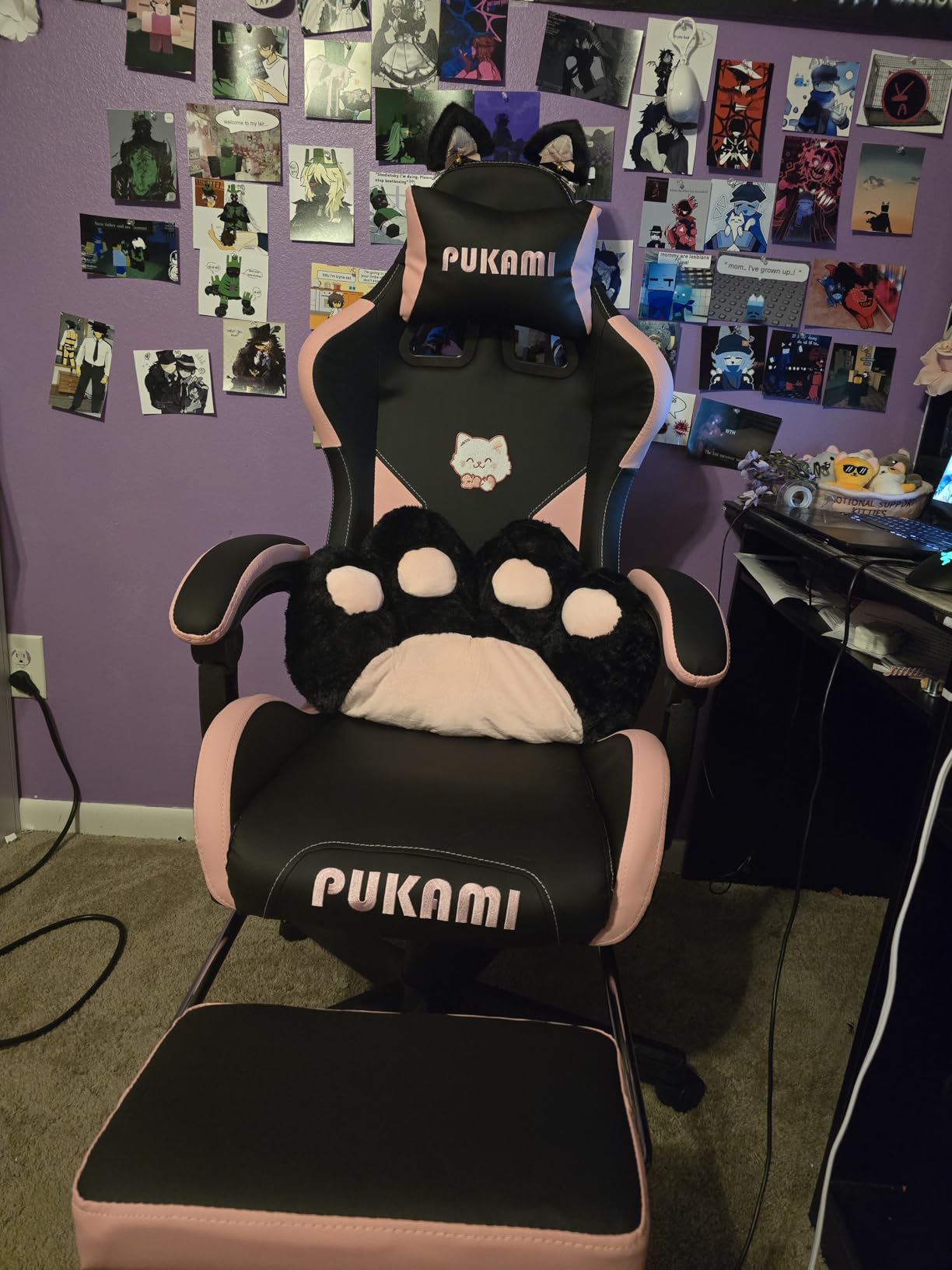 PUKAMI Pink Gaming Chair Cute with Cat Ears and Cat Paw Lumbar Cushion, Ergonomic Computer Chair for Girl with Footrest and Headrest, Comfortable Reclining PC Game Chair for Adult, Teen (Pink) customer photo 1