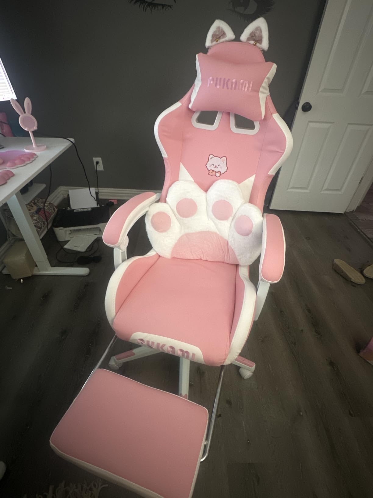 PUKAMI Pink Gaming Chair Cute with Cat Ears and Cat Paw Lumbar Cushion, Ergonomic Computer Chair for Girl with Footrest and Headrest, Comfortable Reclining PC Game Chair for Adult, Teen (Pink) customer photo 2