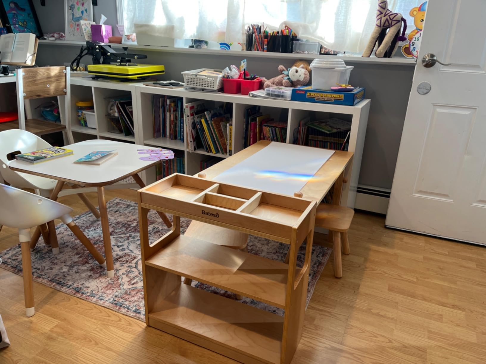 Bateso Kids Art Table and 2 Chairs Set with Roll Paper & Storage, Wooden Kid Craft Table for Drawing, Learning and Reading, Toddler Activity Play Desk for Home, Playroom or Classroom customer photo 1