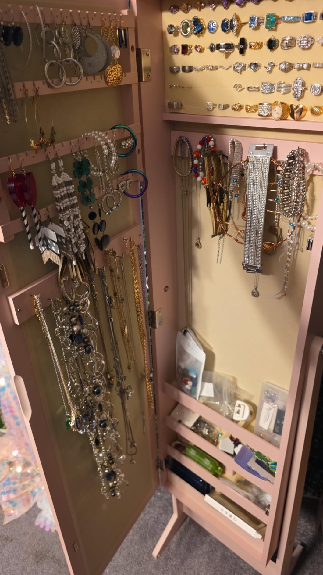 Giantex Jewelry Cabinet with Full-Length Mirror, Standing Jewelry Armoire Organizer with 64 Earring Slots, 20 Necklace Hooks, 72 Ring Slots, 4 Storage Shelves, 3 Angle Adjustable, Rustic Brown customer photo 2