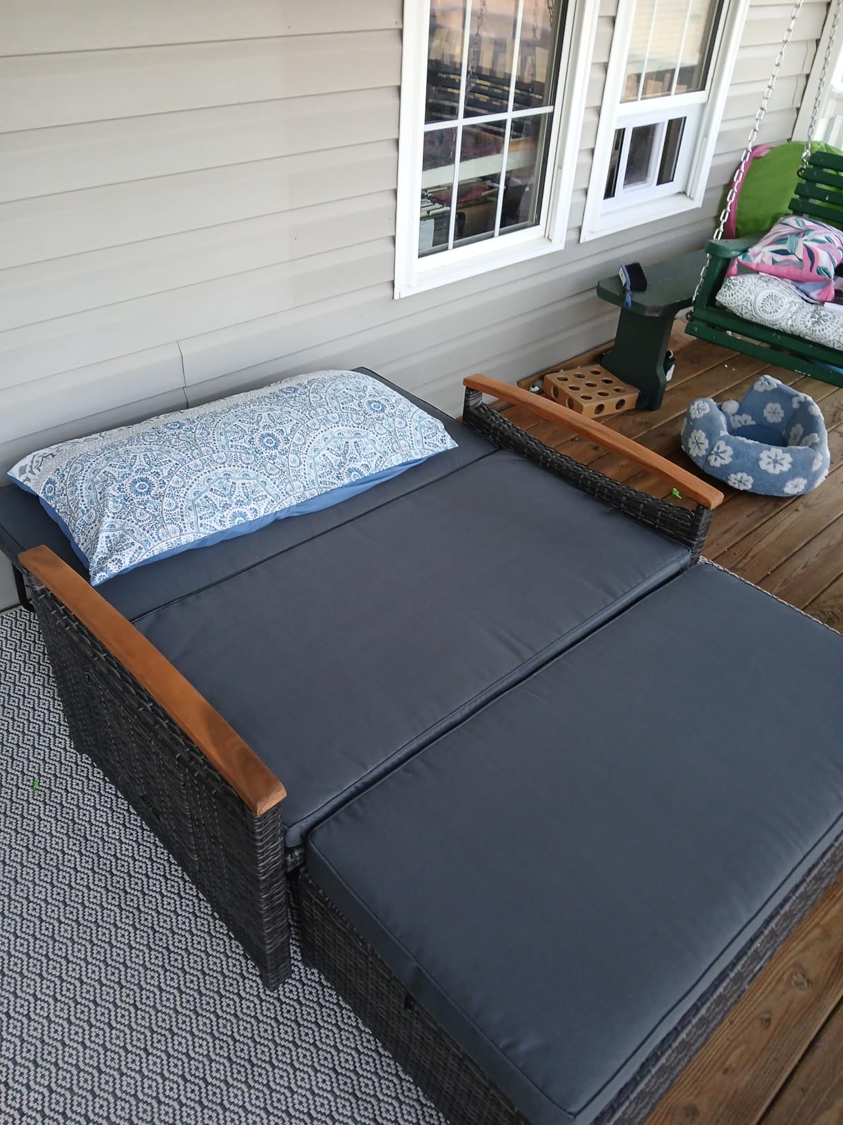LDAILY Moccha Outdoor Wicker Daybed, Patio Rattan Loveseat Sofa w/ 4-Level Adjustable Backrest, Folding Panels, Storage Ottoman & Cushions, Lounge Furniture Set for Poolside Backyard Porch (Navy) customer photo 1