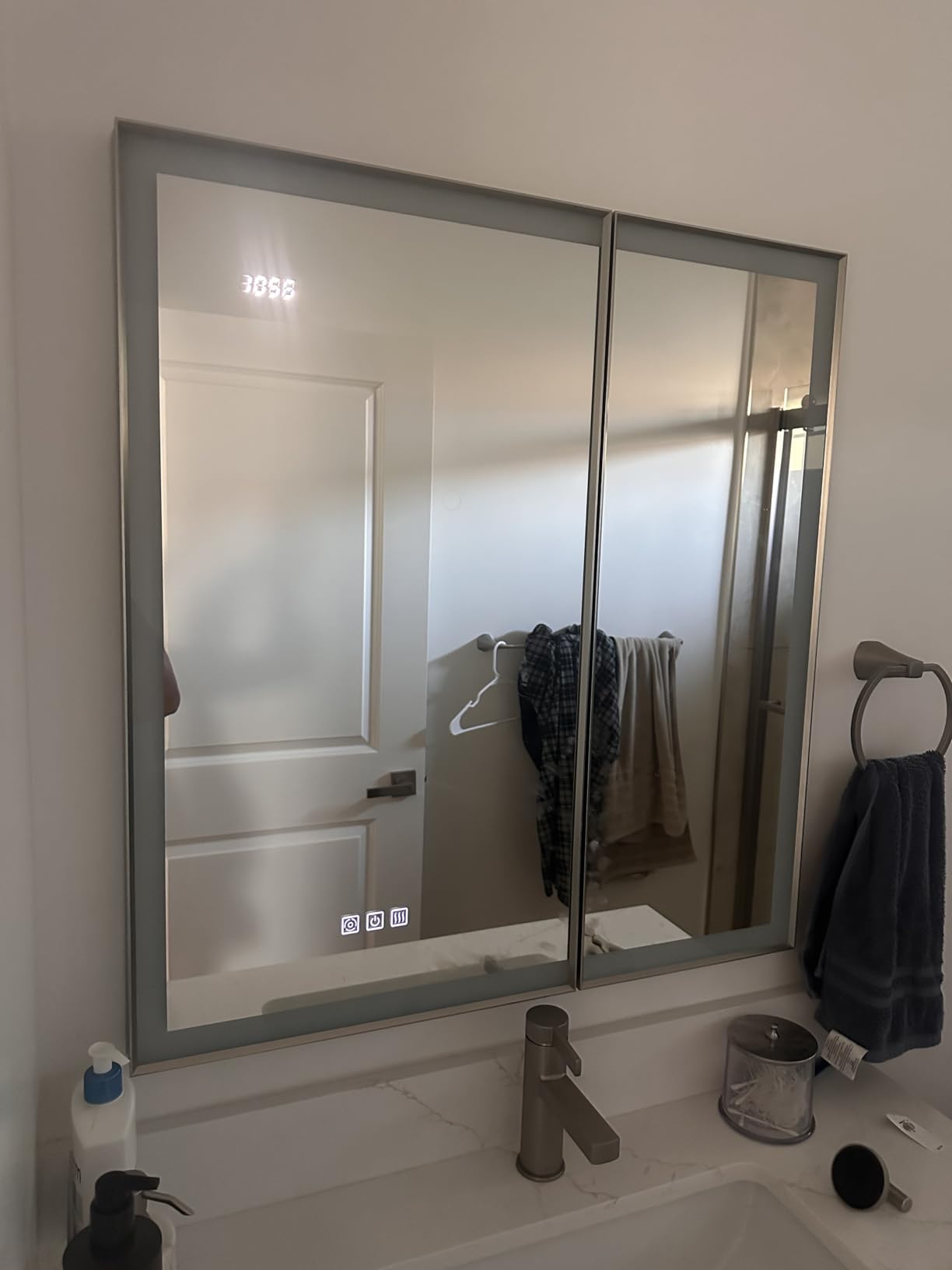 24x32 Lights Medicine Mirror Cabinet, Beveled Brushed Nickel Frame | Lighted Aluminum Bathroom Cabinet, Surface or Recessed Mount, Dimmable 3 Color Temp, Defog, Outlet, Clock, Sensor Inner Light customer photo 2
