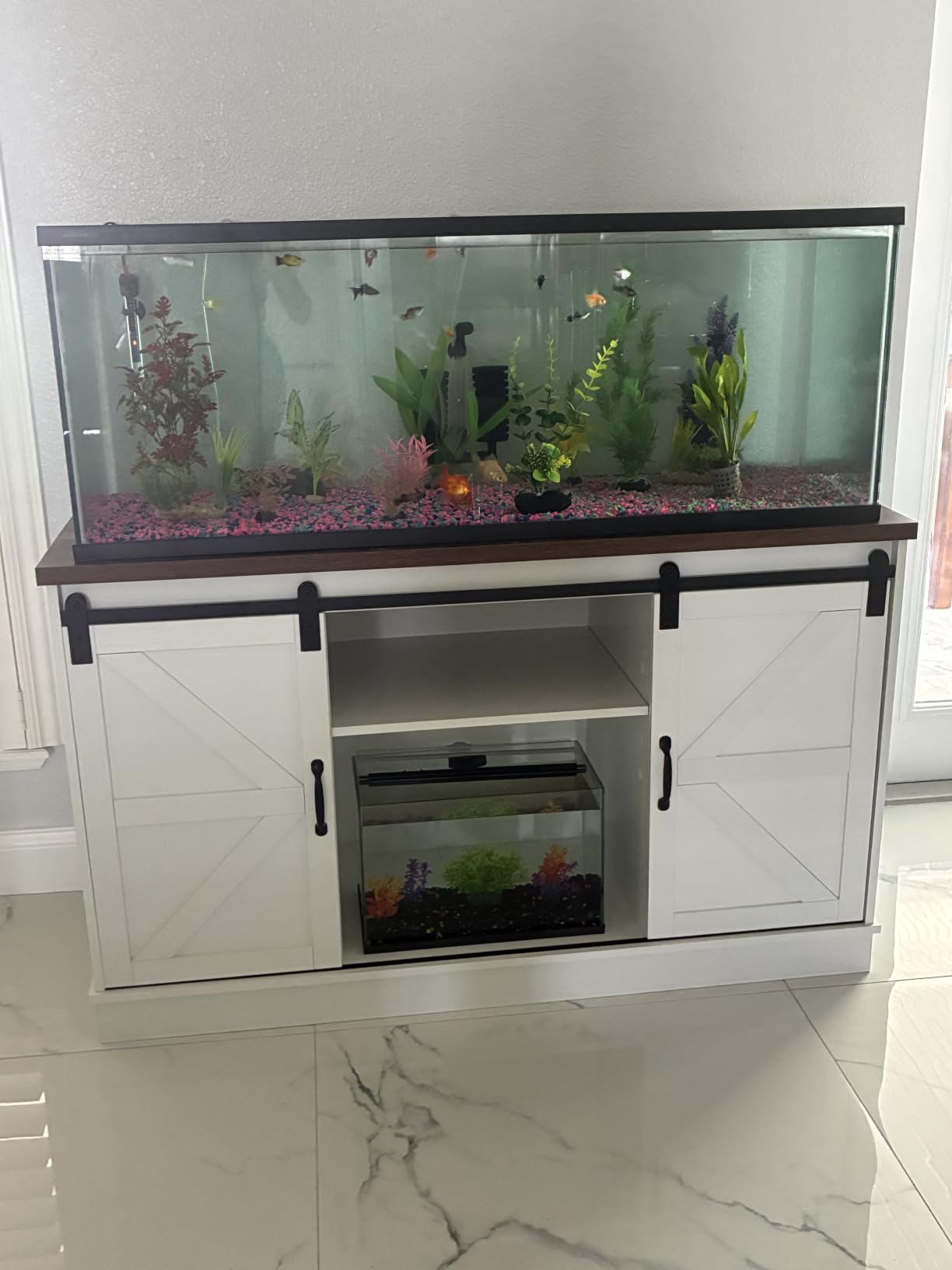 Hlivelood Farmhouse 55-75 Gallon Fish Tank Stand with Power Outlet, Aquarium Stand w/Cabinet & Sliding Barn Door, Heavy Duty Reptile Tank Stand for Fish/Turtle/Reptile Terrarium, 1000LB Capacity, White customer photo 1
