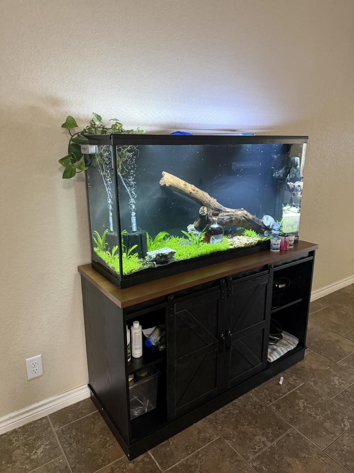 Hlivelood Farmhouse 55-75 Gallon Fish Tank Stand with Power Outlet, Aquarium Stand w/Cabinet & Sliding Barn Door, Heavy Duty Reptile Tank Stand for Fish/Turtle/Reptile Terrarium, 1000LB Capacity, White customer photo 2
