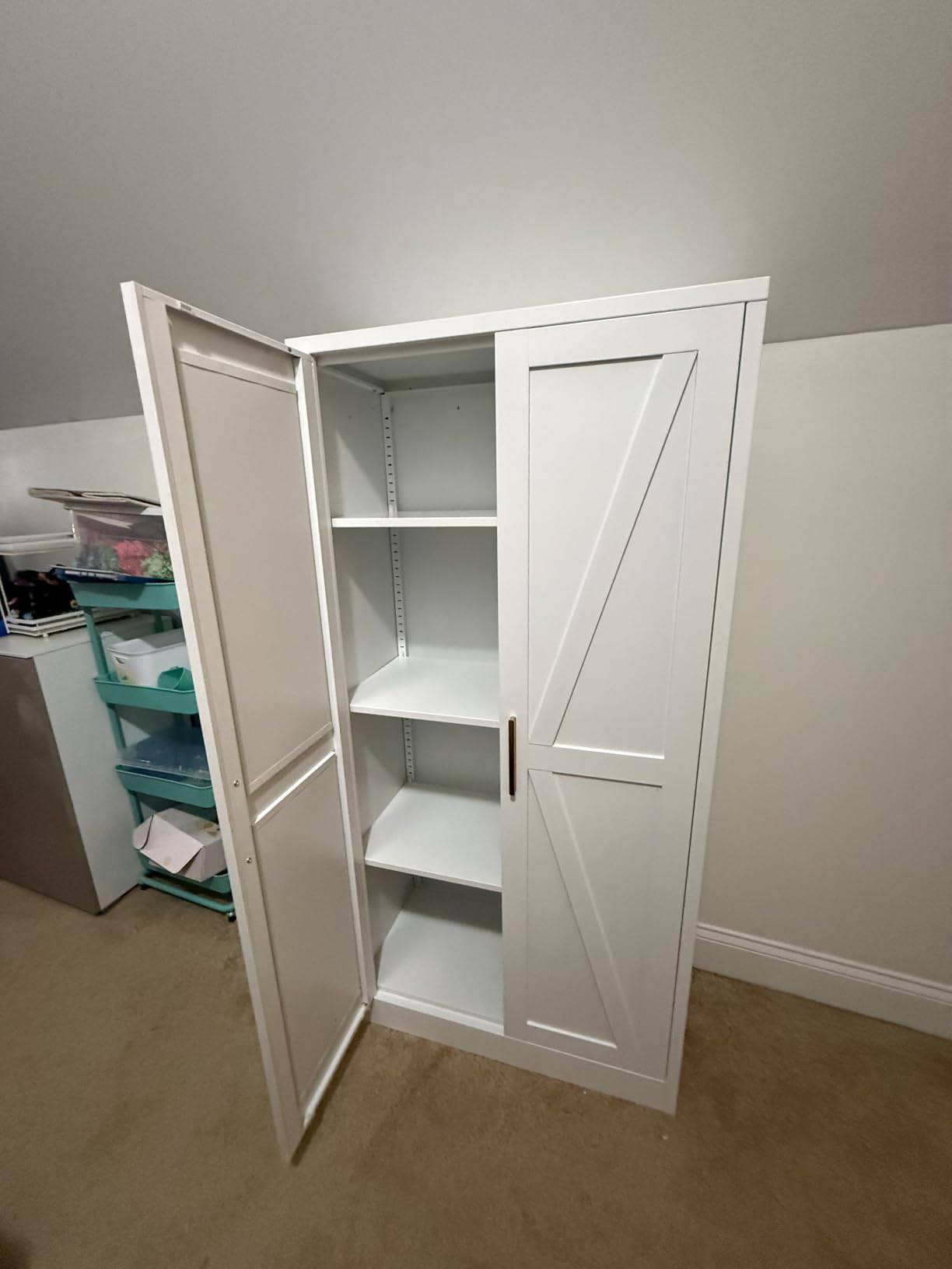 COFaR White Farmhouse Storage Kitchen Pantry Cabinet with 2 Barn Door, 3 Adjustable Shelves and Legs, for Cupboard/Dining Room/Bathroom/Living Room/Office/Laundry Room (White, 61