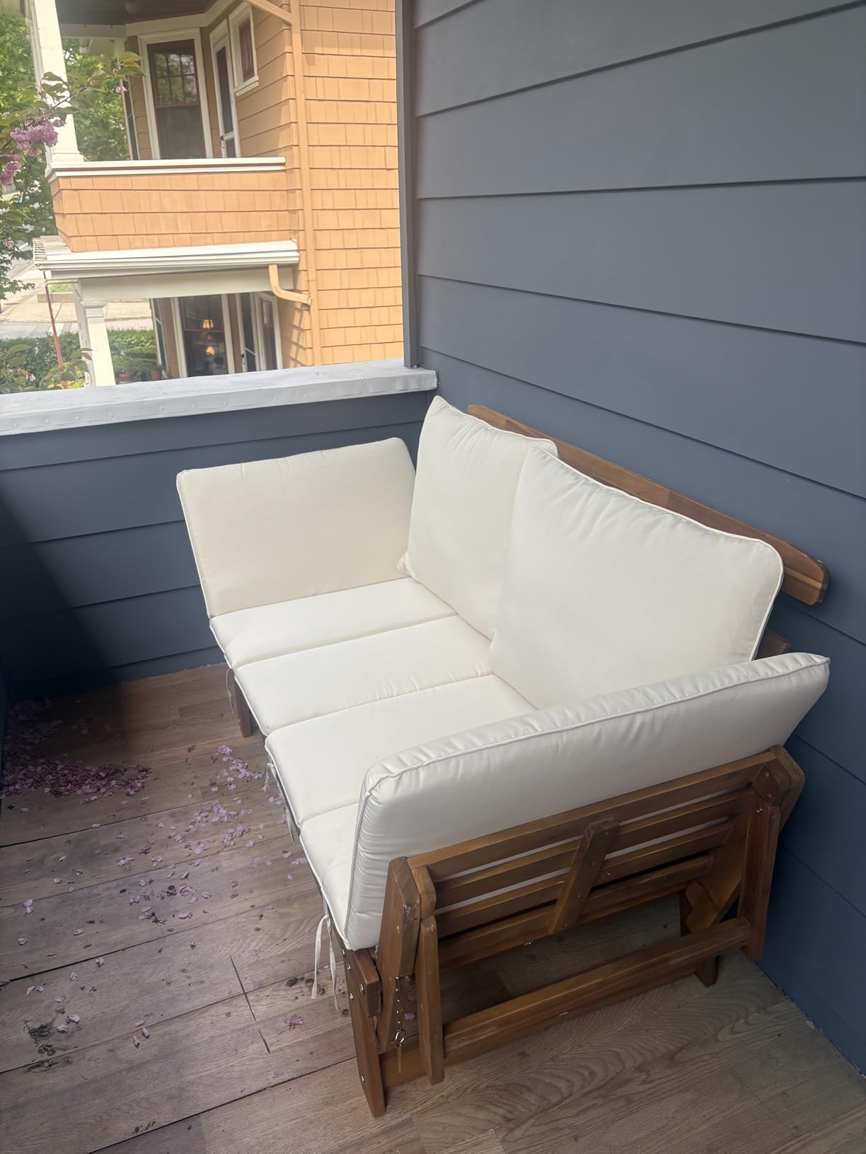 Devoko Outdoor Couch Acacia Wood Outdoor Sofa Balcony Furniture (White) | Adjustable Armrests Outdoor Furniture, Convertible Patio Couch with Removable Cushions & Pillows for Patio, Porch, Poolside customer photo 1