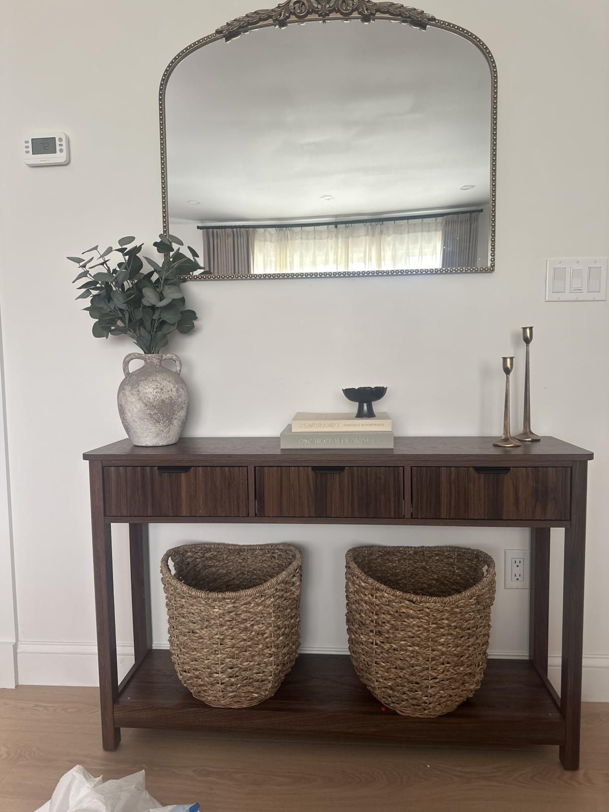 RUSTOWN Fluted Wood Console Table with 3 Drawers, Boho Narrow Behind Couch Entryway Table with Open Storage Shelf, Modern Sofa Table for Living Room, Foyer and Hallway (Dark Walnut) customer photo 1