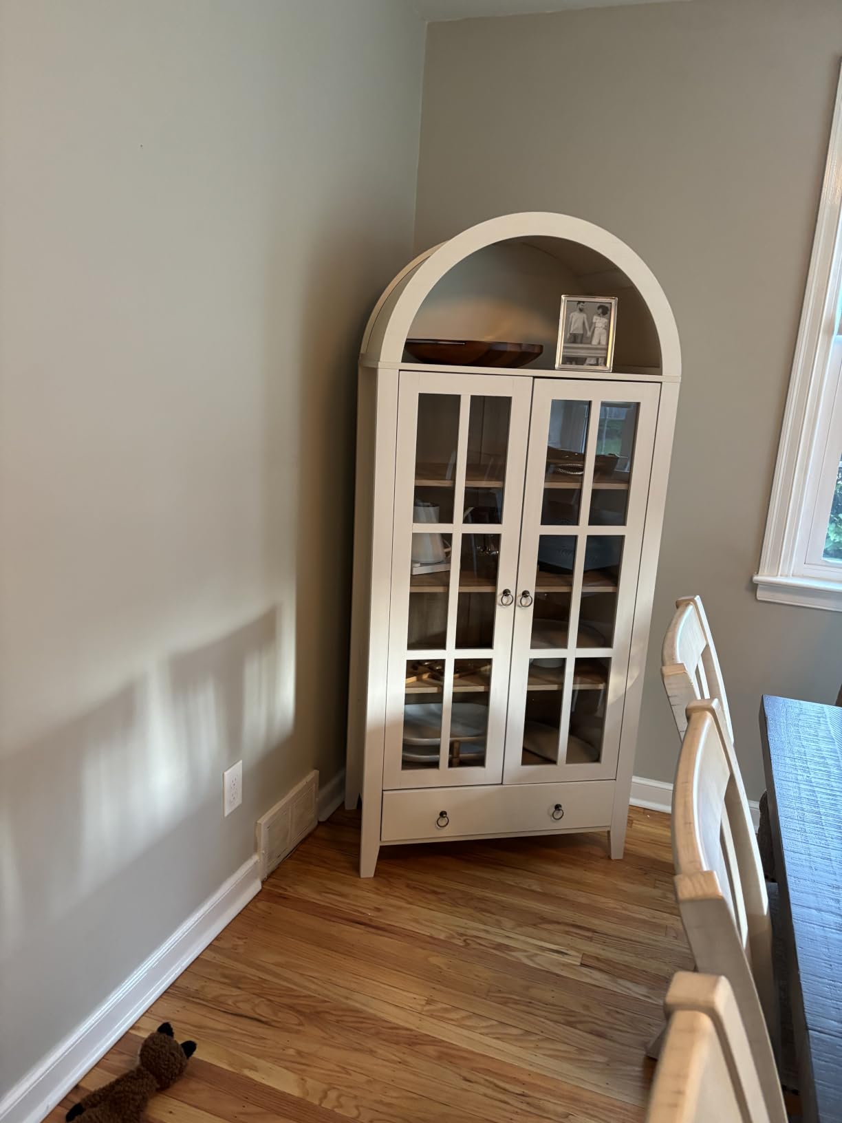RowyPoey Farmhouse Arched Cabinet with Glass Doors, Wood Display Cabinet with Drawer and Adjustable Shelves, 71