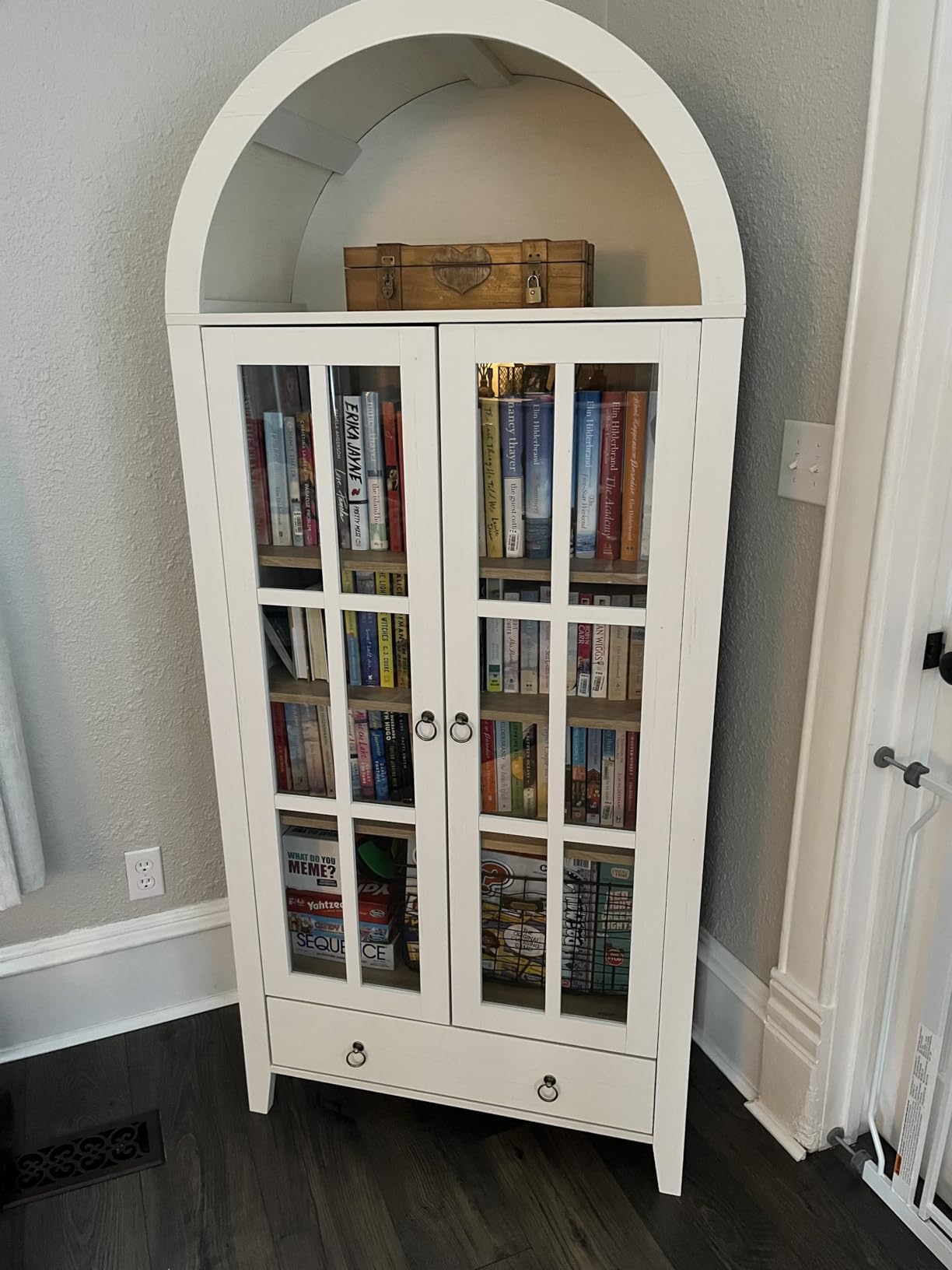 RowyPoey Farmhouse Arched Cabinet with Glass Doors, Wood Display Cabinet with Drawer and Adjustable Shelves, 71