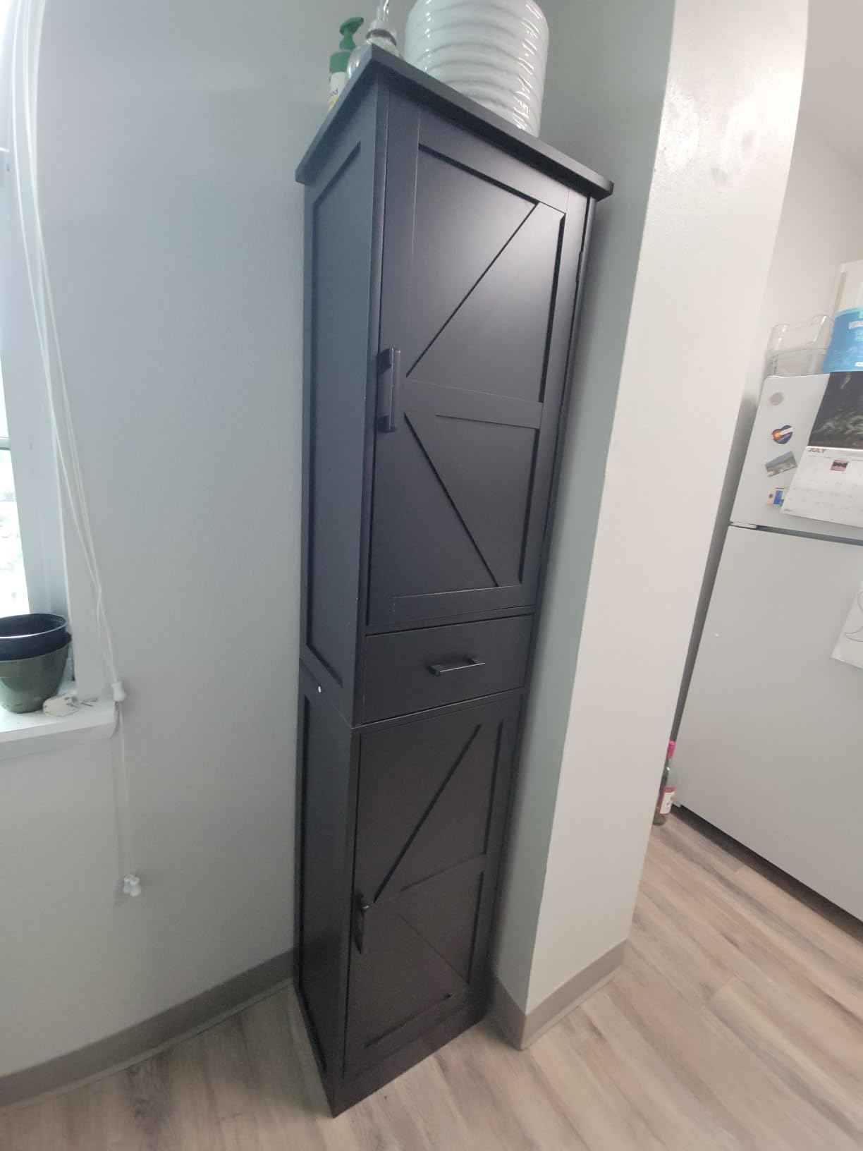 Tall Storage Cabinet with 3 Door Shelves & 1 Drawer, Narrow Kitchen Pantry Cabinet for Living Room, Bathroom, Entryway, White customer photo 1