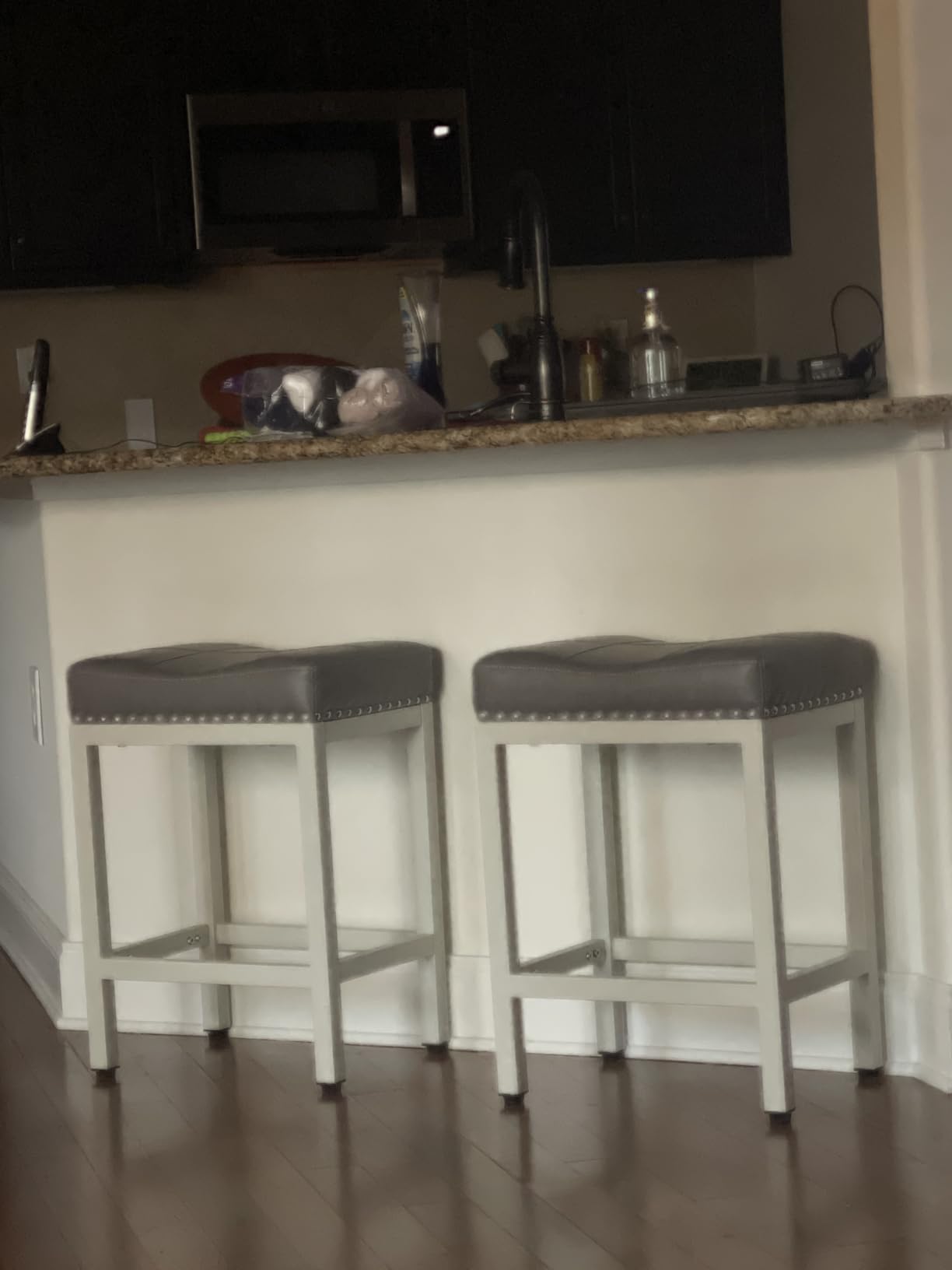 Sweetcrispy 24 Inch Bar Stools Set of 2, PU Leather Counter Height Stools, Upholstered Modern Saddle Barstools with Metal Base and Footrest for Home Bar, Small Apartment, Brown customer photo 2