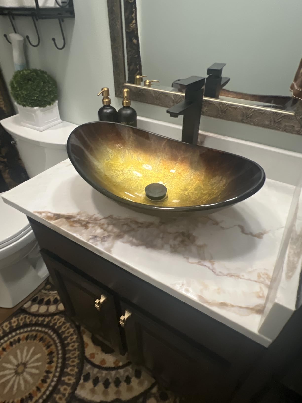 Bathroom Boat Shape Artistic Glass Vessel Sink Free Black Faucet and Pop-up Drain Set, Gold customer photo 2