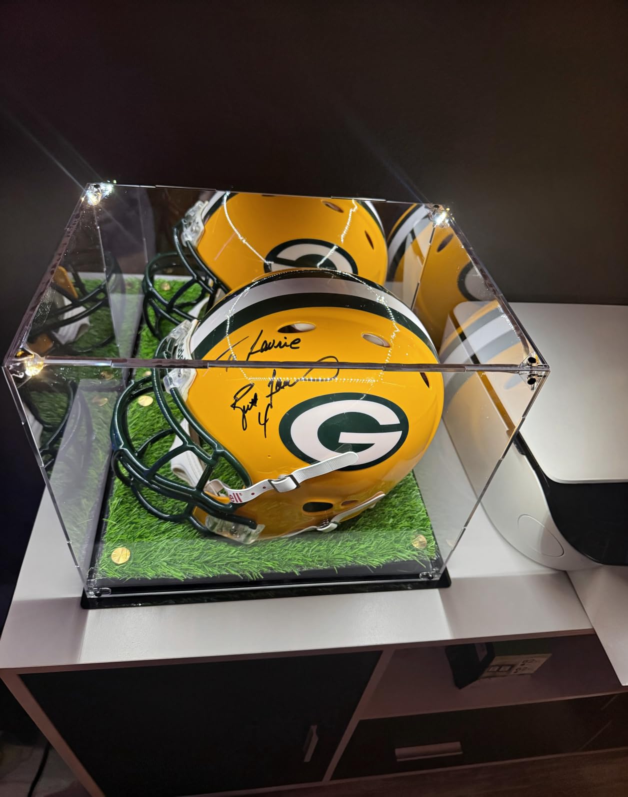 Football Helmet Display Case Full Size - LED Tricolor Light Strip, Artificial Turf Grass, Mirror Back, Focus On Helmet Display Case. customer photo 1