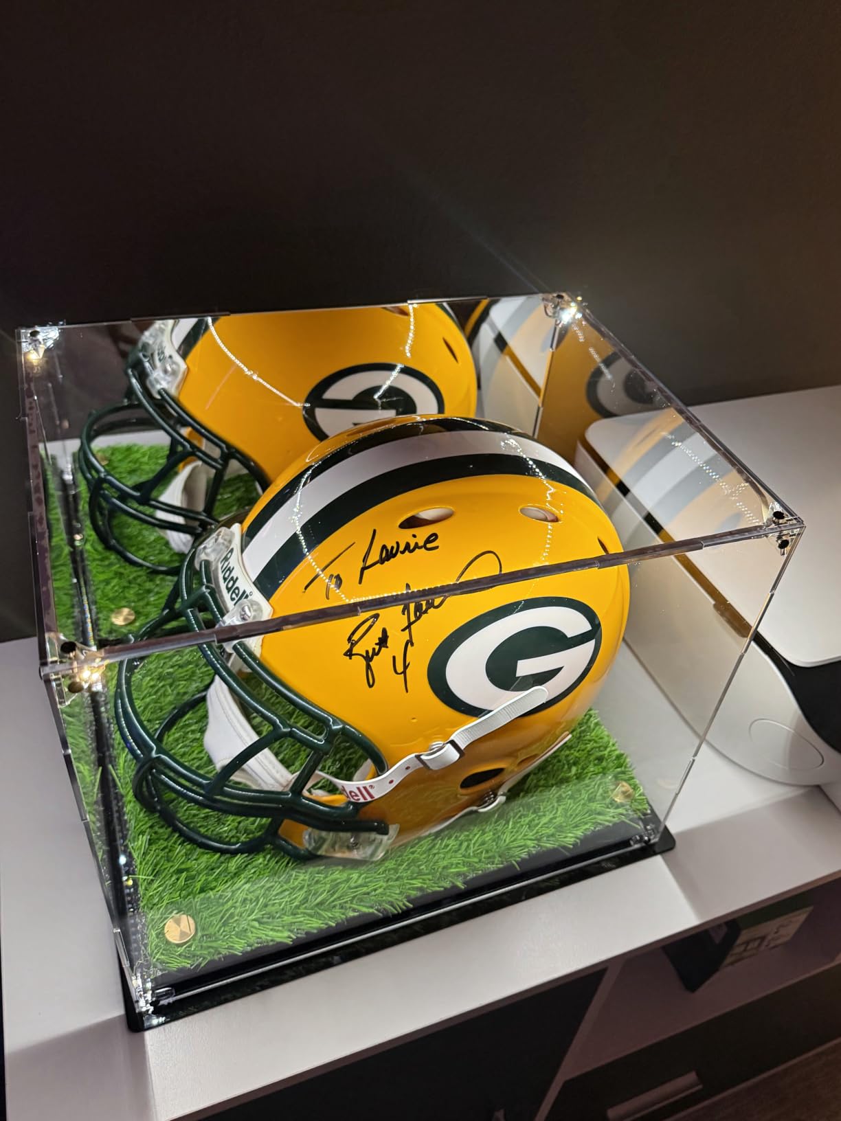Football Helmet Display Case Full Size - LED Tricolor Light Strip, Artificial Turf Grass, Mirror Back, Focus On Helmet Display Case. customer photo 2
