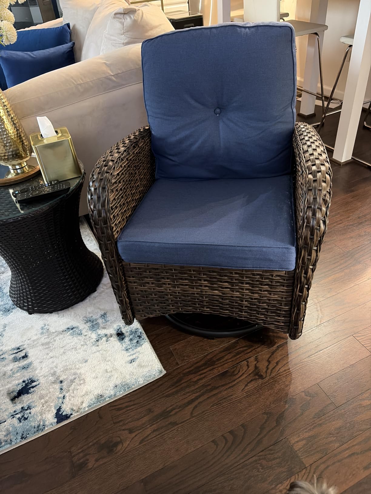 Belord Patio Furniture Swivel Glider PE Wicker Chairs, Outdoor Swivel Rocker Seating with Cushions for Porch Deck Balcony, Brown Wicker Blue Cushion customer photo 1