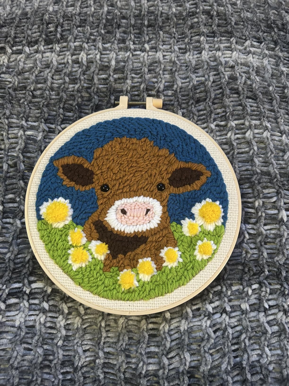 DIY Punch Needle Kits Highland Cow with Daisy Flower with Hoop 20x20cm | with Pattern Stamped Easy for Beginners Embroidery Punch Needle Starter Craft Set for Adults Festival Gift and Decoration customer photo 2