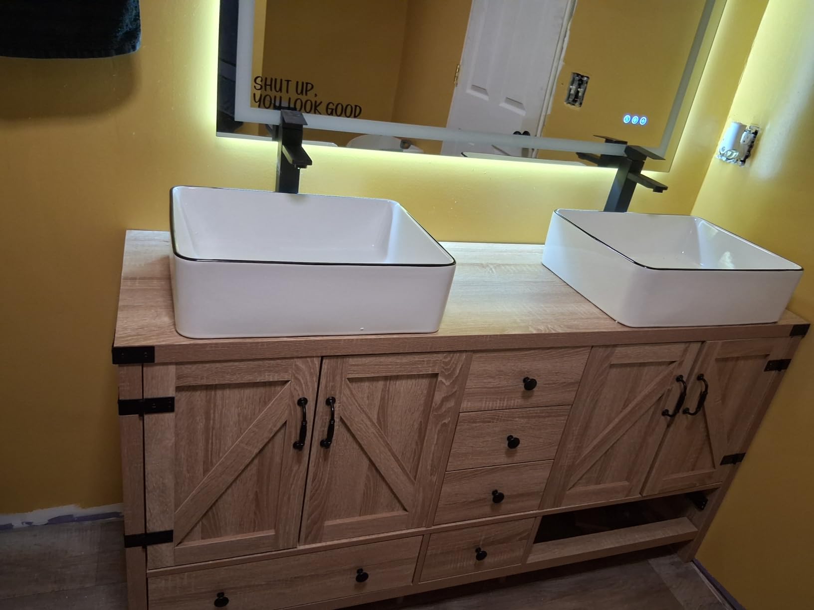 24 inch Natural Color Bathroom Vanity, Rustic Fixture Standing Pedestal Cabinet with White Ceramic Vessel Sink customer photo 1