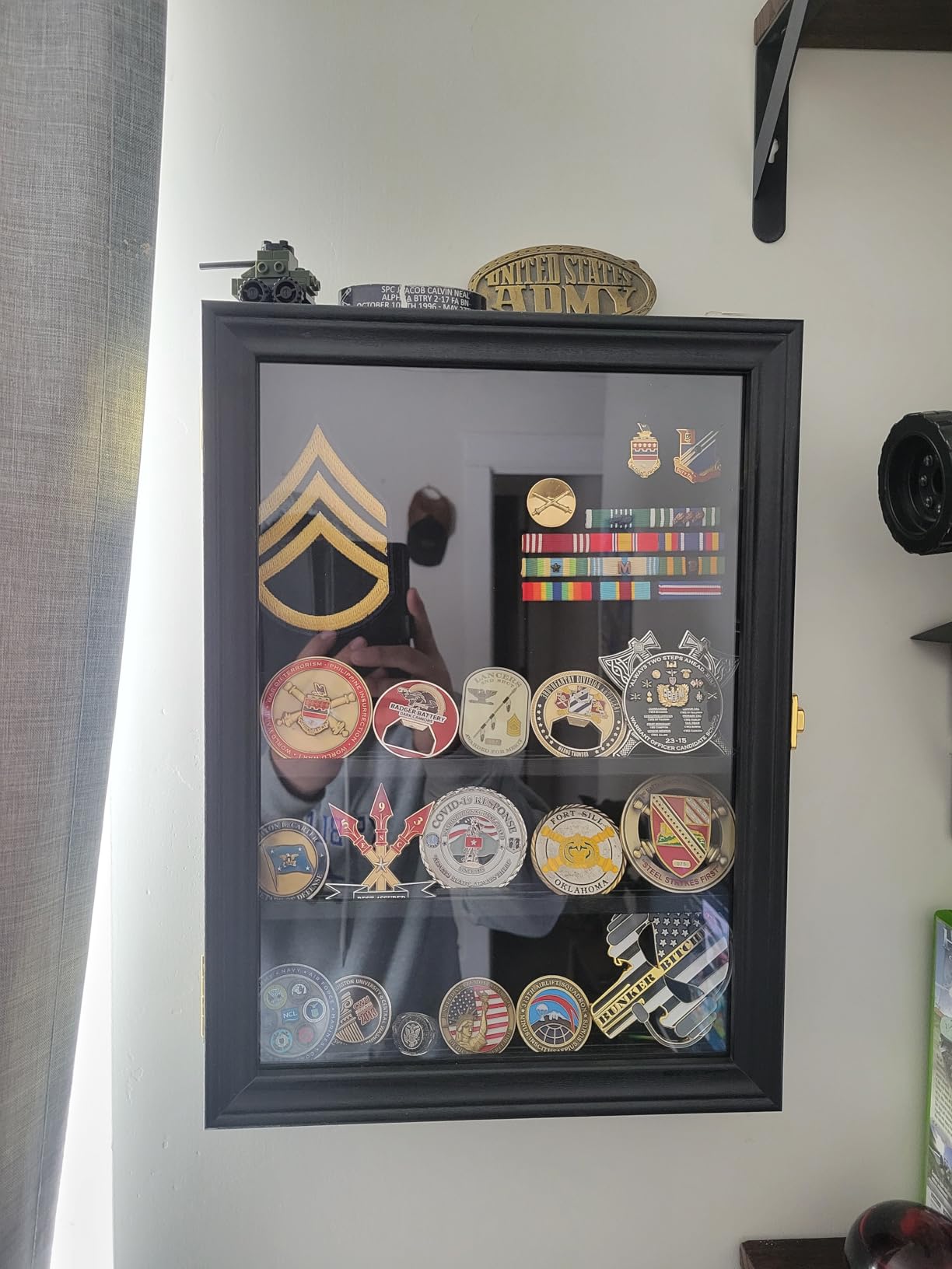 Military Challenge Coin Display Shadow Box Holds Up to 70 Coins, Lockable Wall-Mounted Cabinet for Medals, Pins, Patches & Ribbons, Removable Shelves, Pinnable Velvet Backing, UV Acrylic Door (Black) customer photo 1