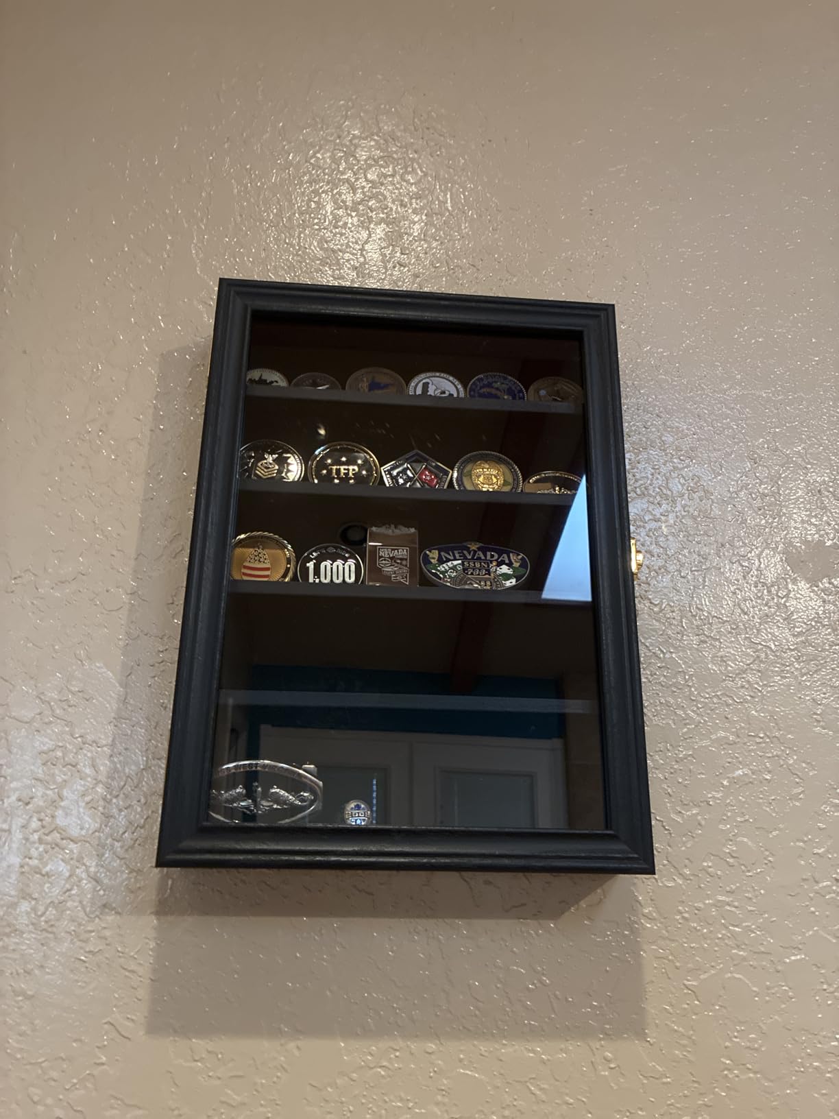 Military Challenge Coin Display Shadow Box Holds Up to 70 Coins, Lockable Wall-Mounted Cabinet for Medals, Pins, Patches & Ribbons, Removable Shelves, Pinnable Velvet Backing, UV Acrylic Door (Black) customer photo 2