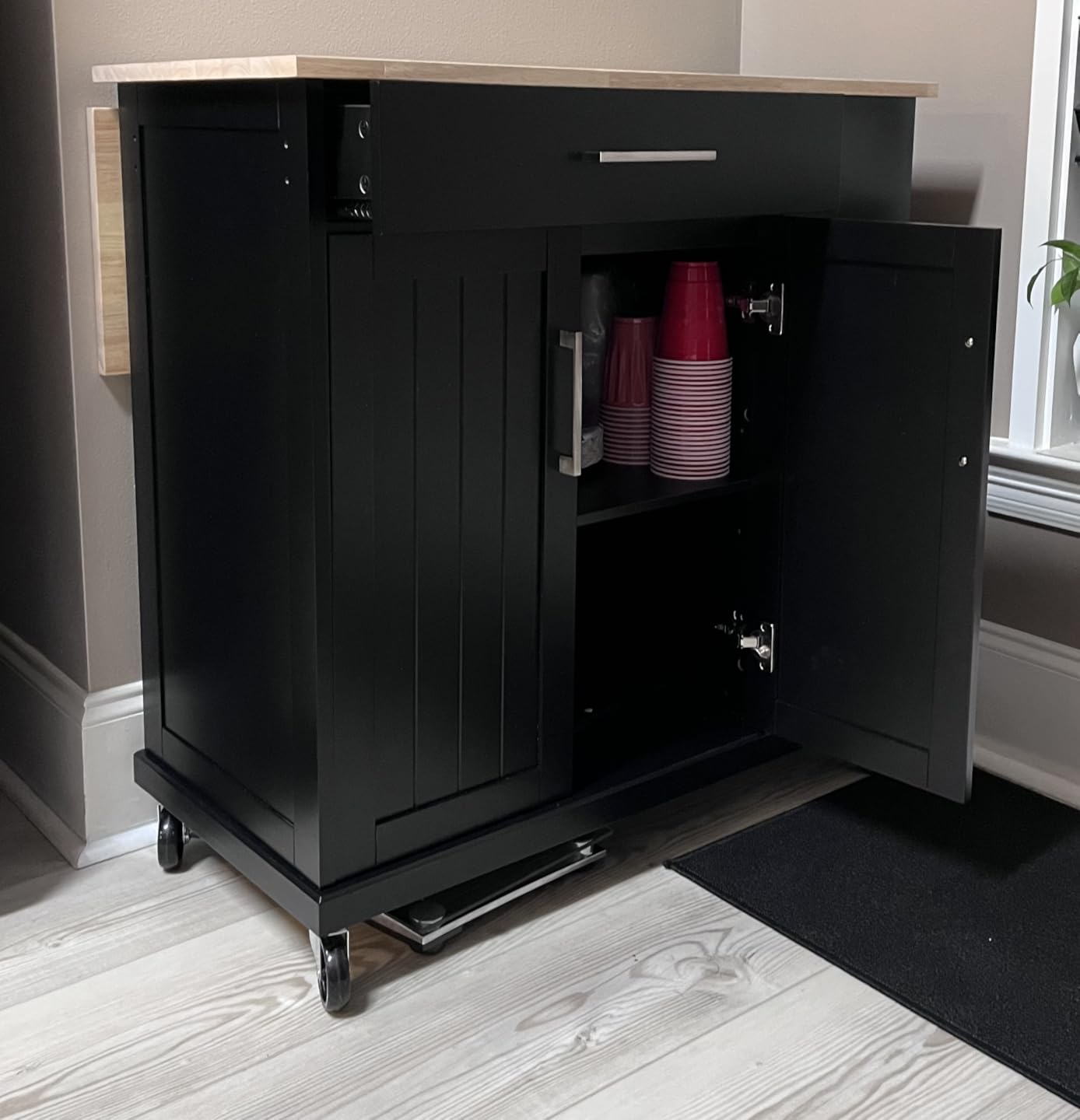 Yaheetech Rolling Kitchen Island Cart with Drop Leaf, Portable Rubberwood Breakfast Bar with Storage Cabinet, Open Shelves & Detachable Towel, 2 Drawers, Black customer photo 2