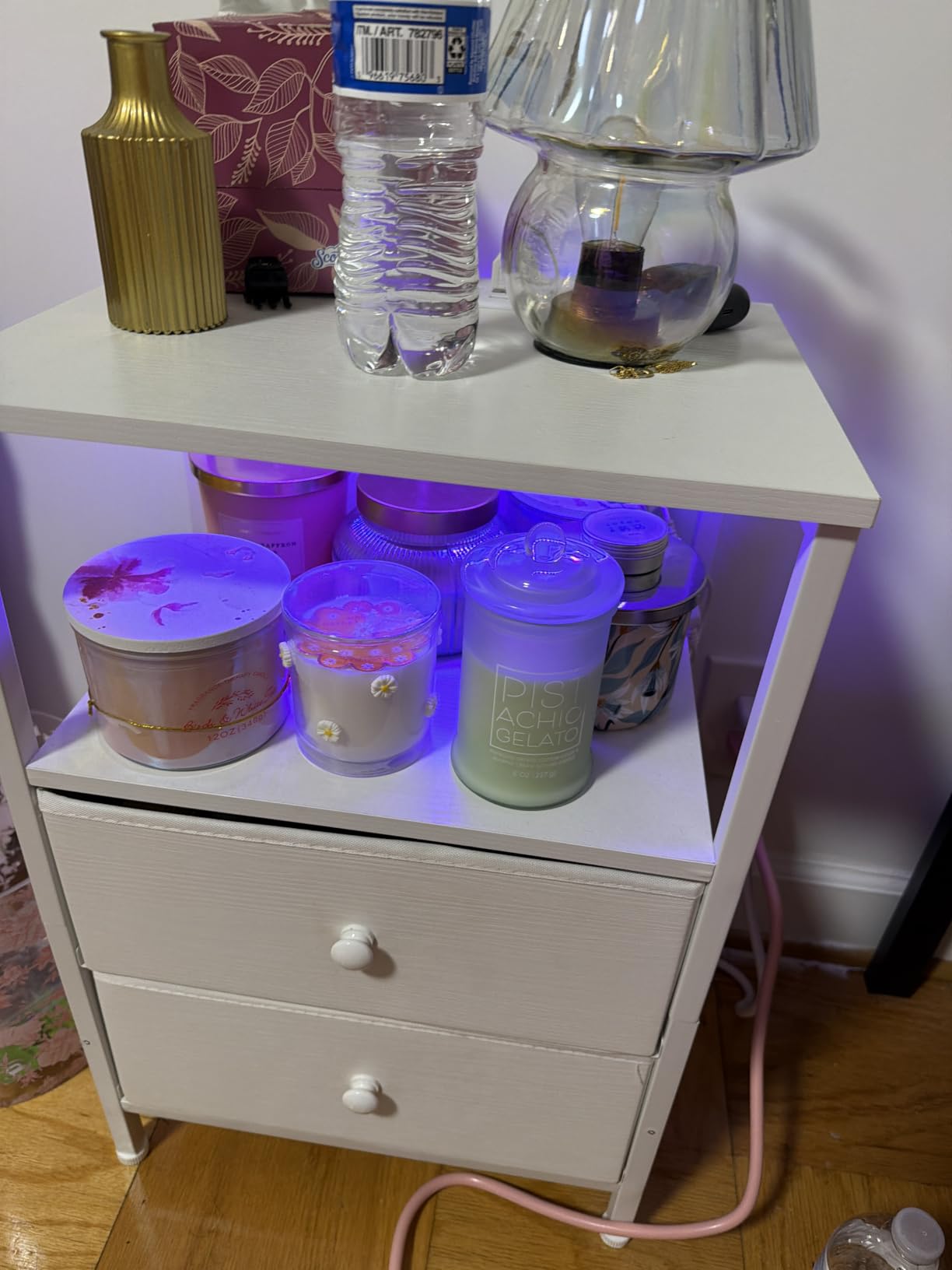 BOLUO White Nightstand with Charging Station, LED Night Stand with 2 Fabric Drawers customer photo 1
