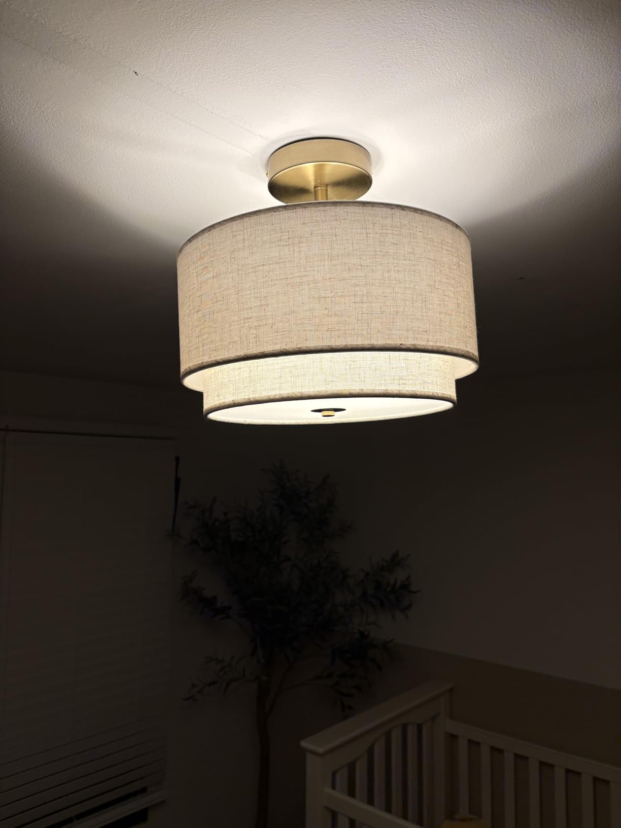 Semi Flush Mount Ceiling Light Fixture, 12.6'' Gold Light Fixtures Ceiling Mount, Modern Close to Ceiling Light with 2-Layer Linen Shade, Farmhouse Drum Ceiling Light for Bedroom Hallway Living Room customer photo 1