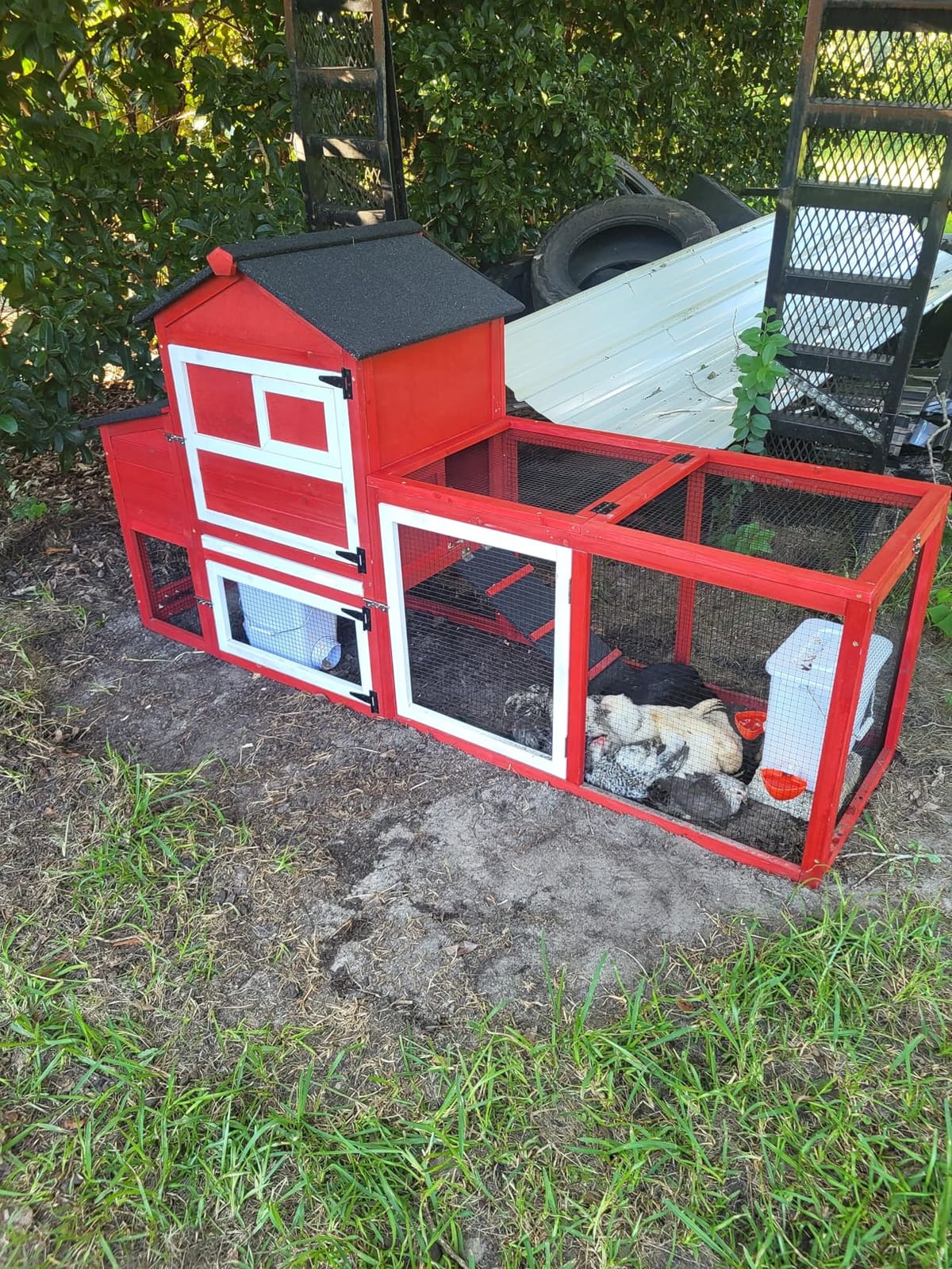 Mobile Chicken Coop with Wheels for 4-6 Chickens, Large Outdoor Hen House with Run, Weatherproof Asphalt Roof, Sectionable Nesting Box & Pull-Out Tray, 82.4