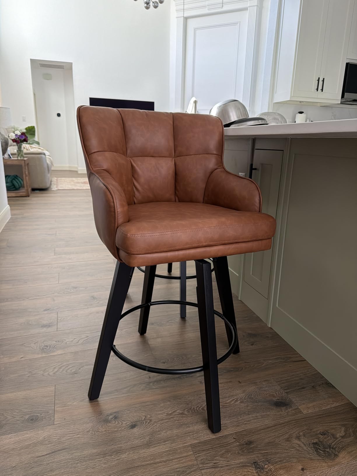 SAECKBERG 360 Degree Swivel Counter Height Bar Stools with Back, 26 inch Solid Wood Legs, Bar Stool Modern Kitchen Island Chairs, Faux Leather, Brown, Set of 2 customer photo 1