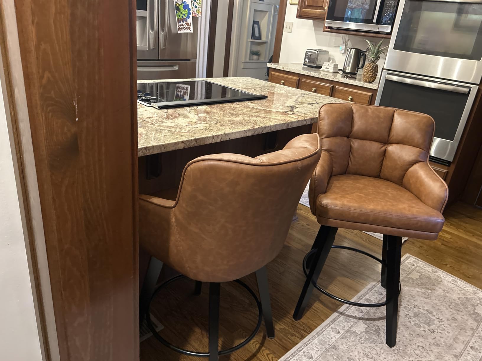 SAECKBERG 360 Degree Swivel Counter Height Bar Stools with Back, 26 inch Solid Wood Legs, Bar Stool Modern Kitchen Island Chairs, Faux Leather, Brown, Set of 2 customer photo 2