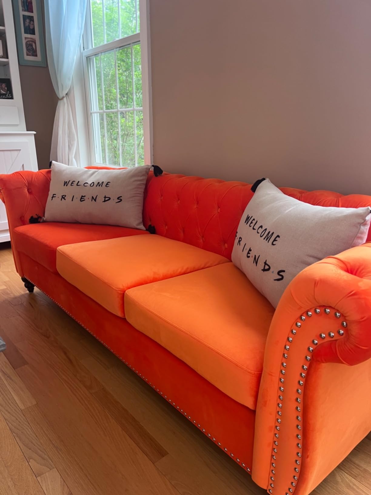 Chesterfield Leather Sofa 3 Seater Couch, Mid-Century Large Sofa Roll Arm Classic Tufted Settee Modern PU Sofa with Channel Tufted Seat Back for Living Room, Office, Apartment, PU Brown customer photo 1