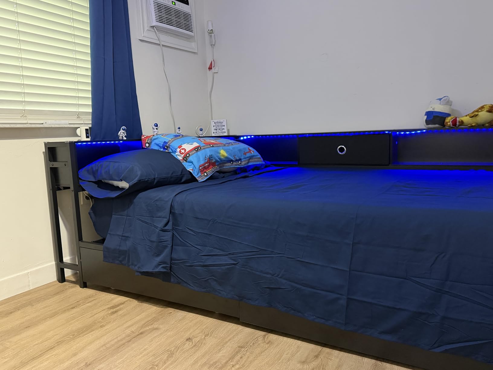 Full Corner Bed Frame with Storage Drawers and Bookcase Headboard, Full Size Metal Platform Corner Bed Frame with Charging Station and LED Lights, Full Daybed for Kids Teens Guests, Black customer photo 1