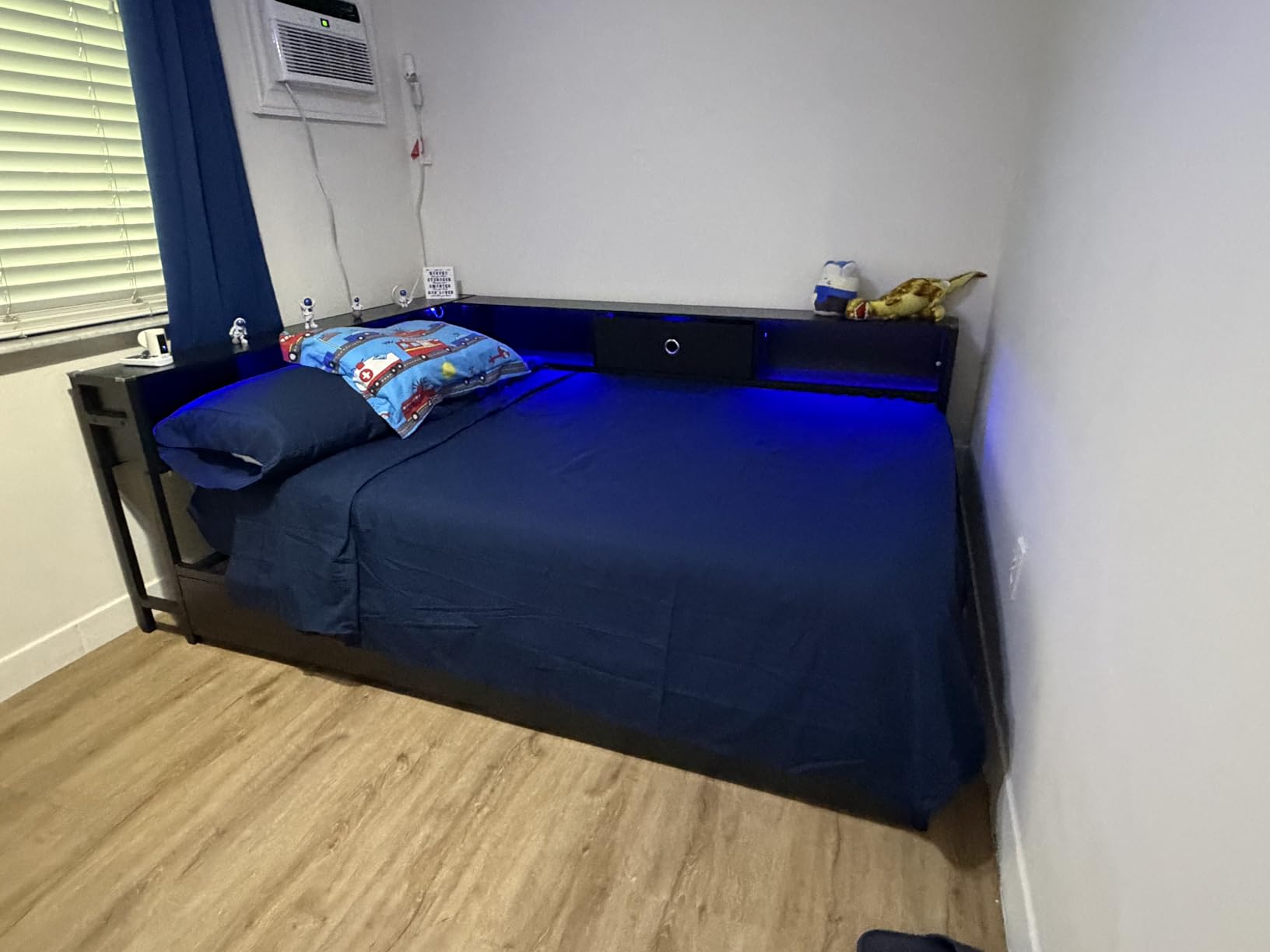 Full Corner Bed Frame with Storage Drawers and Bookcase Headboard, Full Size Metal Platform Corner Bed Frame with Charging Station and LED Lights, Full Daybed for Kids Teens Guests, Black customer photo 2