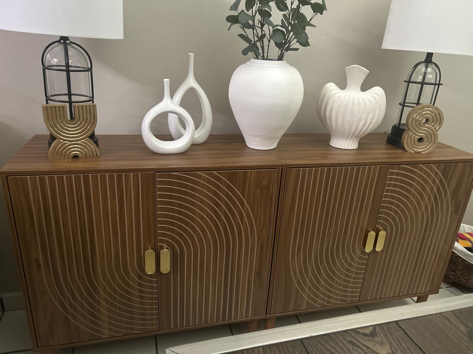 Smuxee Walnut Sideboard Cabinet, Freestanding Buffet Cabinet with Line Groove Design, Wood Storage Cabinet with Adjustable Shelf for Living Room, Entryway, Hallway customer photo 1