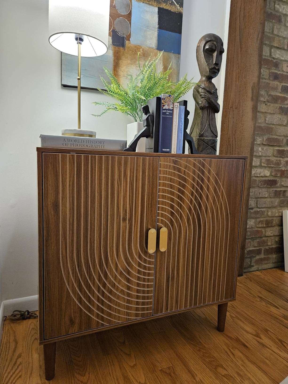 Smuxee Walnut Sideboard Cabinet, Freestanding Buffet Cabinet with Line Groove Design, Wood Storage Cabinet with Adjustable Shelf for Living Room, Entryway, Hallway customer photo 2