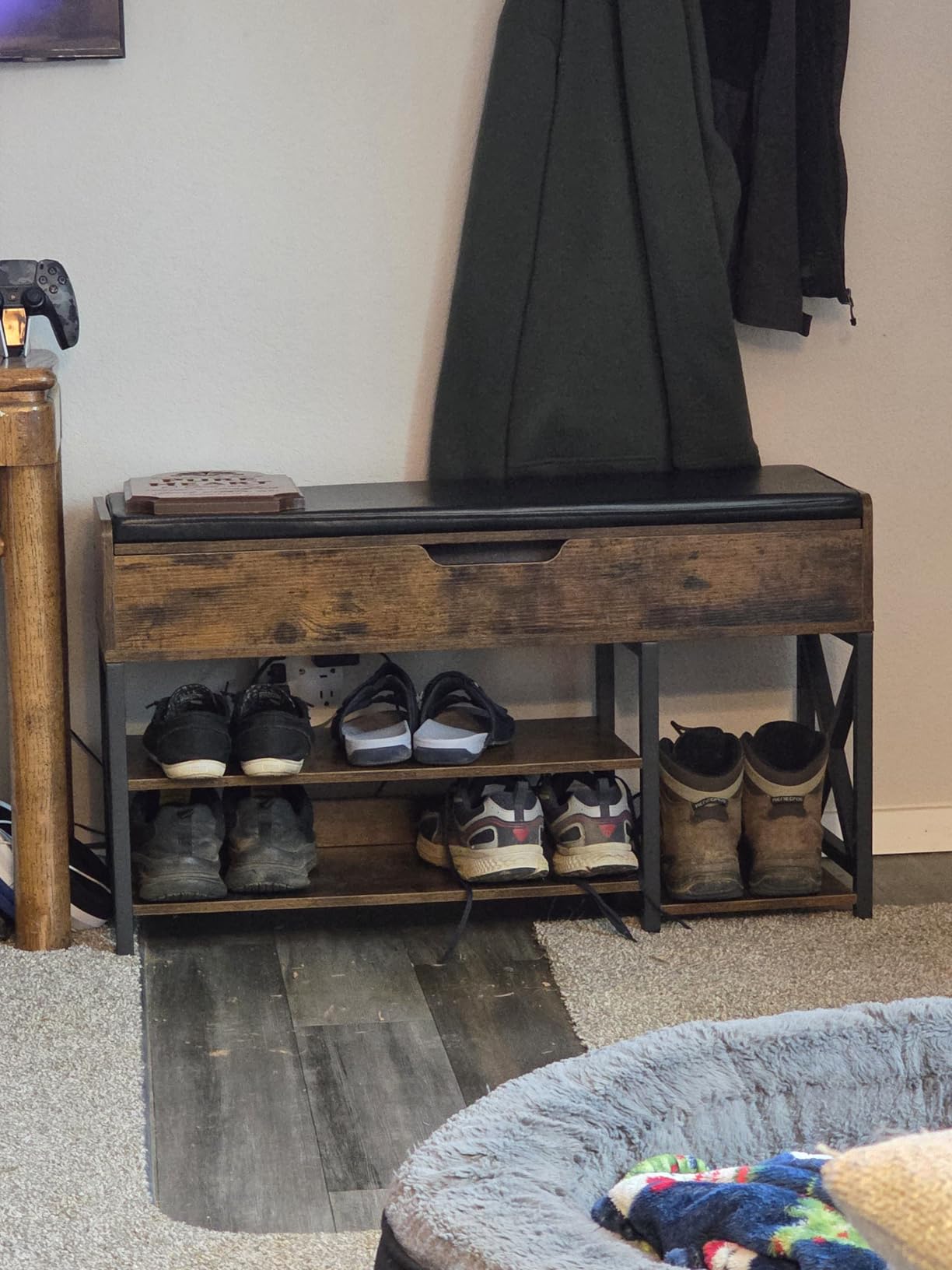 Shoe Bench, Lift Top Shoe Storage Bench, Adjustable Shelf Entryway Bench, Metal and Wood Shoe Rack Organizer with Cushion for Entry, Bedroom, Closet, Living Room, Hallway (Brown, 35.5