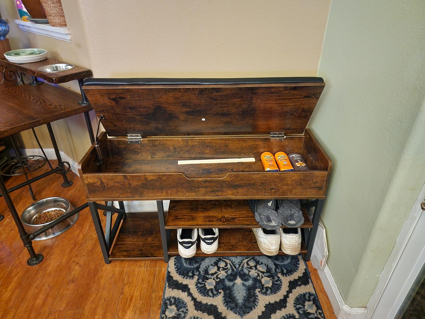 Shoe Bench, Lift Top Shoe Storage Bench, Adjustable Shelf Entryway Bench, Metal and Wood Shoe Rack Organizer with Cushion for Entry, Bedroom, Closet, Living Room, Hallway (Brown, 35.5