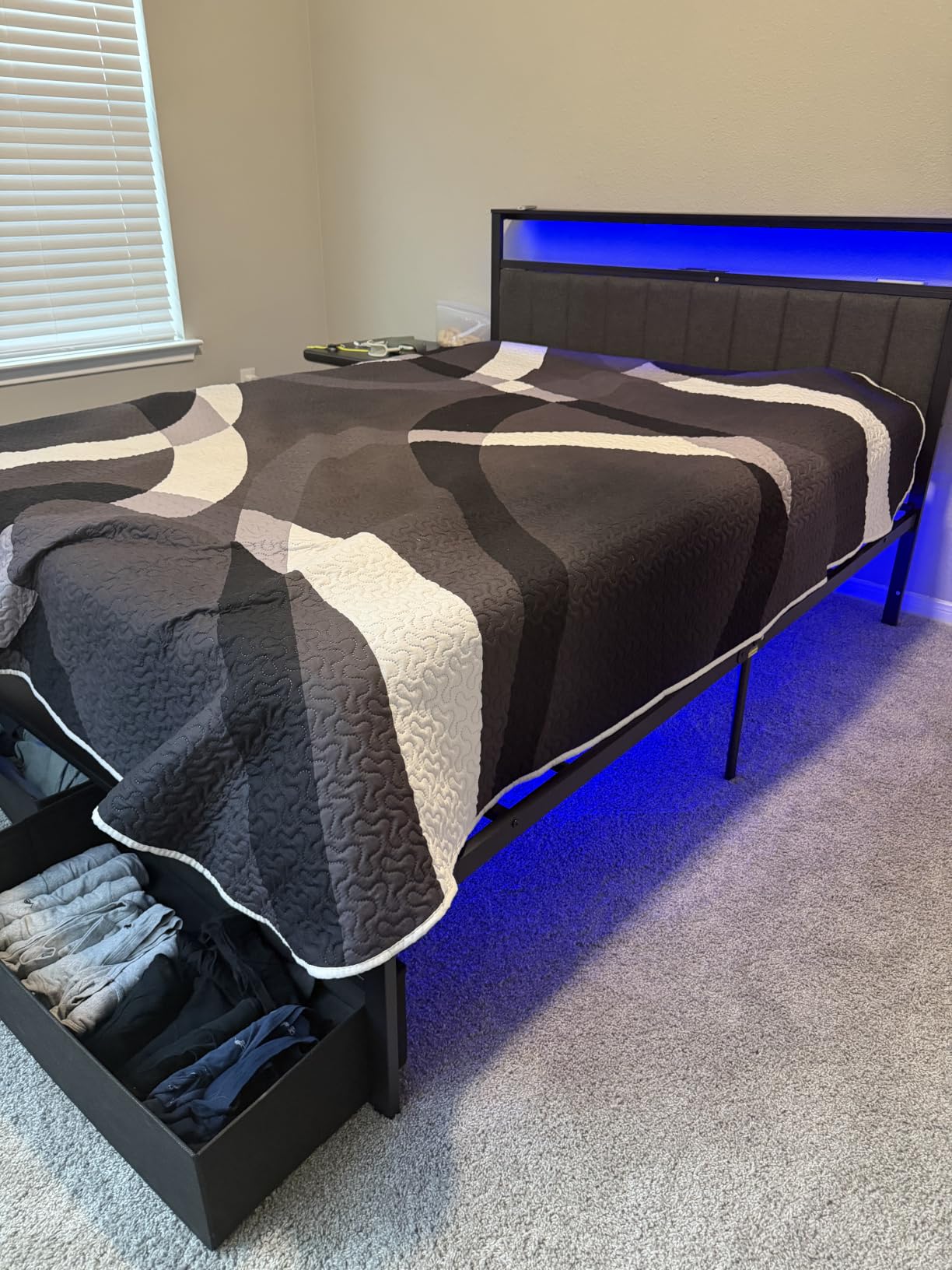 Full Size Bed Frame with Storage Drawers and Upholstered Headboard | Metal Platform Bed with Charging Station, LED Lights, 2 Tier Shelves, Fabric Drawers. No Box Spring Needed, Noise Free, Grey customer photo 1