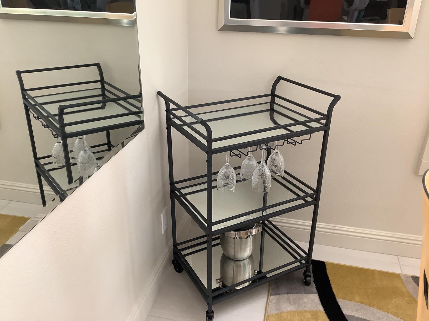 VASAGLE Bar Cart Gold, Large Home Bar Serving Cart with 3-Tier | Mirrored Shelf, Wine Holders, Glass Holders, Kitchen, 15 x 33.9 x 35.4 Inches, Gold ULRC083A02 customer photo 1