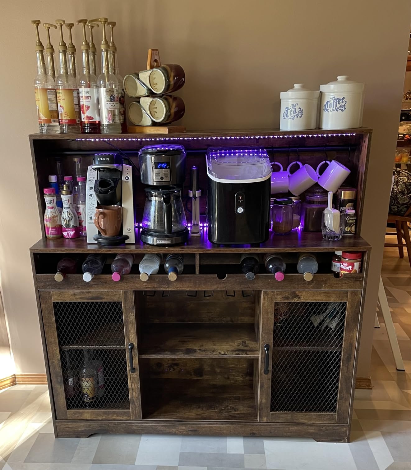 Wine Bar Cabinet with LED Light, Liquor Cabinet with Glass Holder, Coffee Bar for Liquor, Storage Buffet with Wine Racks, Wine Cabinet with Mesh Door (Black) customer photo 1