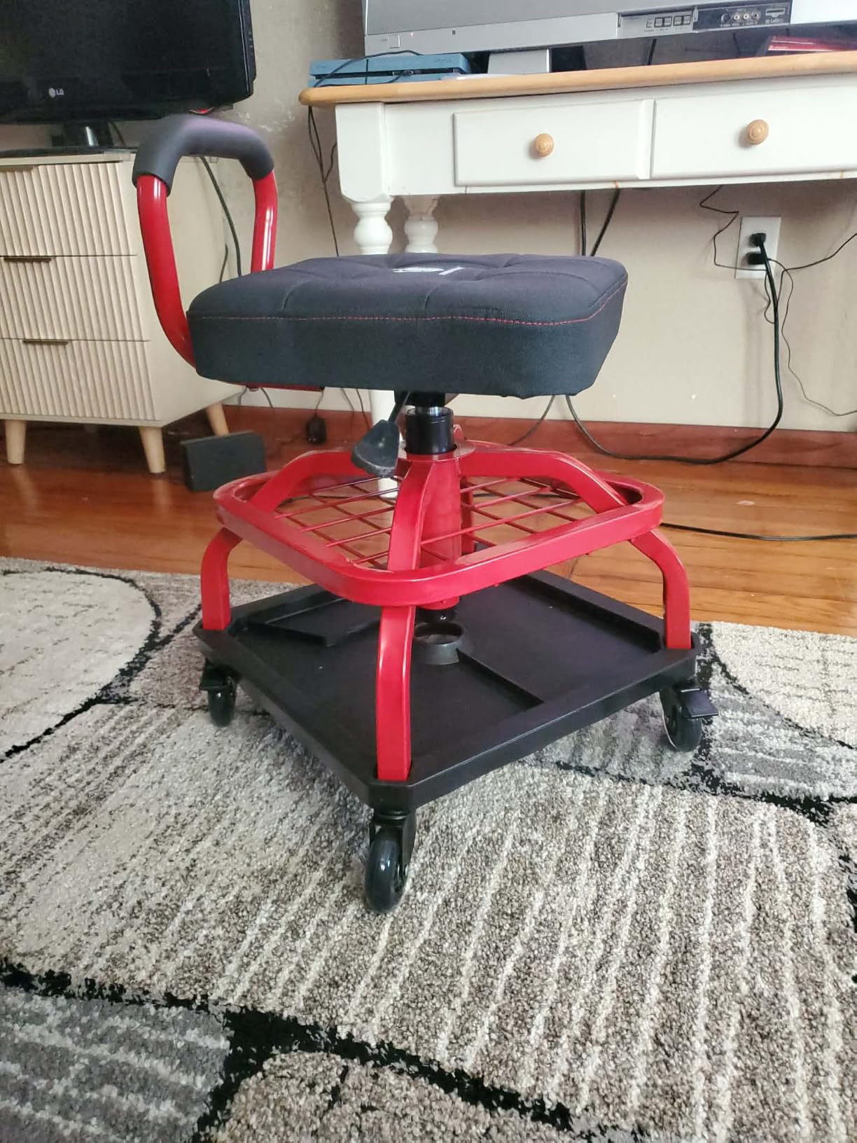 Rolling Shop Stool with Wheels, Garage Mechanic Shop Chair with Handle Backrest, Adjustable Height Work Stool, Roller Seat with Tool Tray Storage, Heavy Duty, 330 LBS Capacity, Red customer photo 1