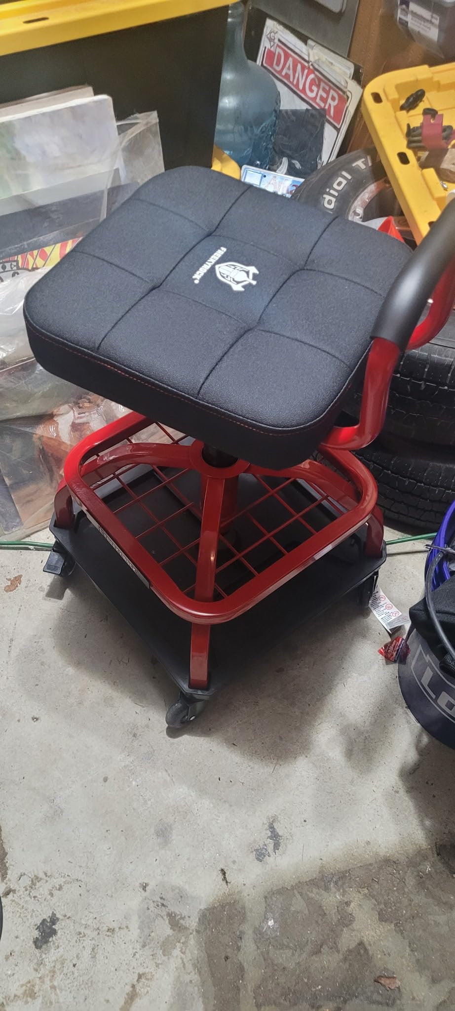 Rolling Shop Stool with Wheels, Garage Mechanic Shop Chair with Handle Backrest, Adjustable Height Work Stool, Roller Seat with Tool Tray Storage, Heavy Duty, 330 LBS Capacity, Red customer photo 2