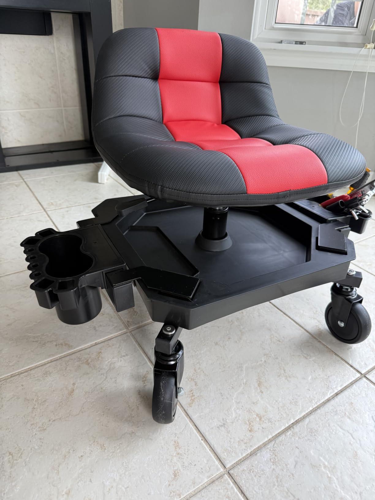 Rolling Stool with Wheels, Adjustable Height Pneumatic Garage Work Mechanic Stool Seat with Backrest, 400 LBS Capacity 360° Swivel Mechanic Crepper Chair with Tool Tray Storage, Red customer photo 2